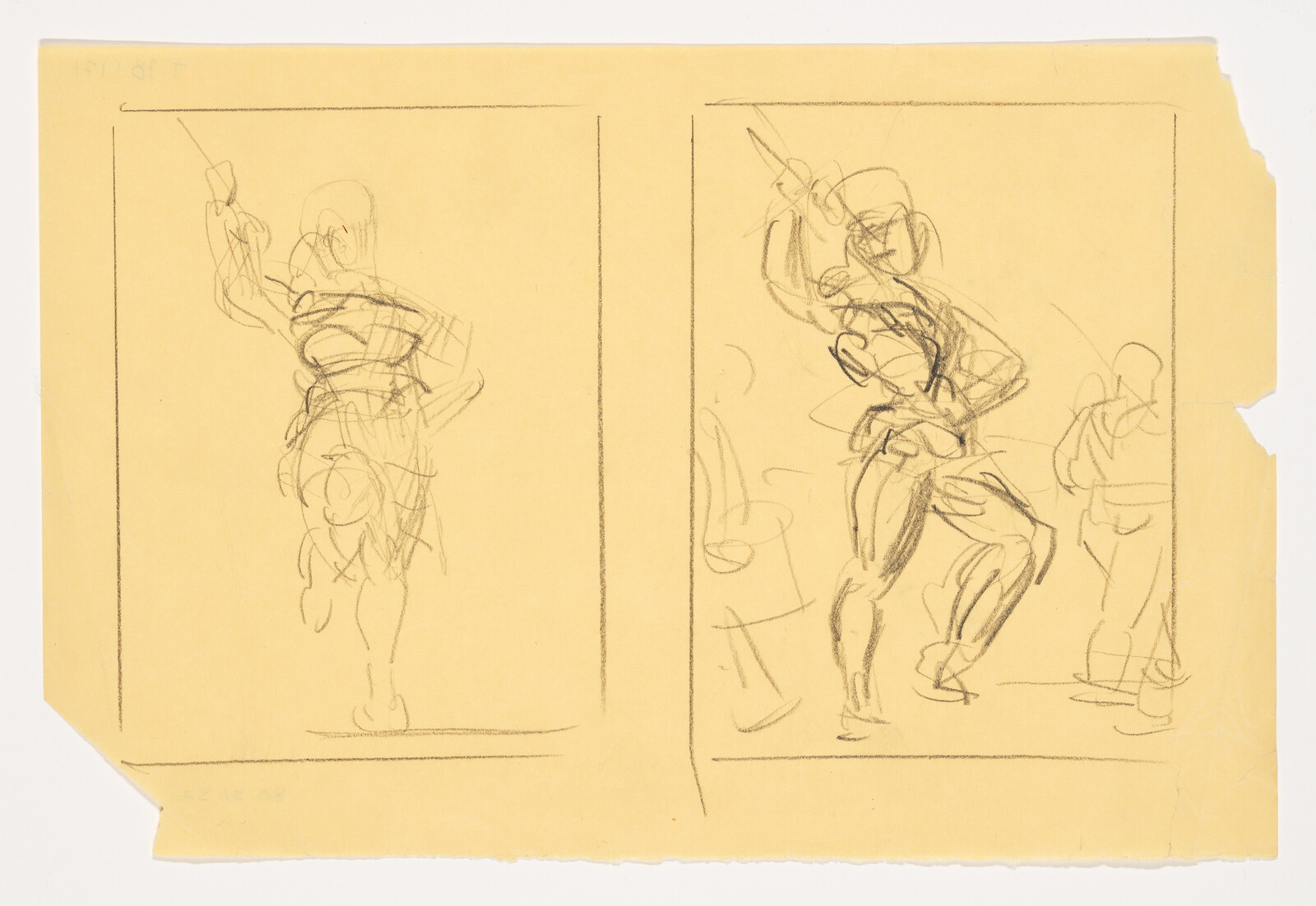 Two rough pencil sketches show a standing figure raising an arm as if holding a weapon.