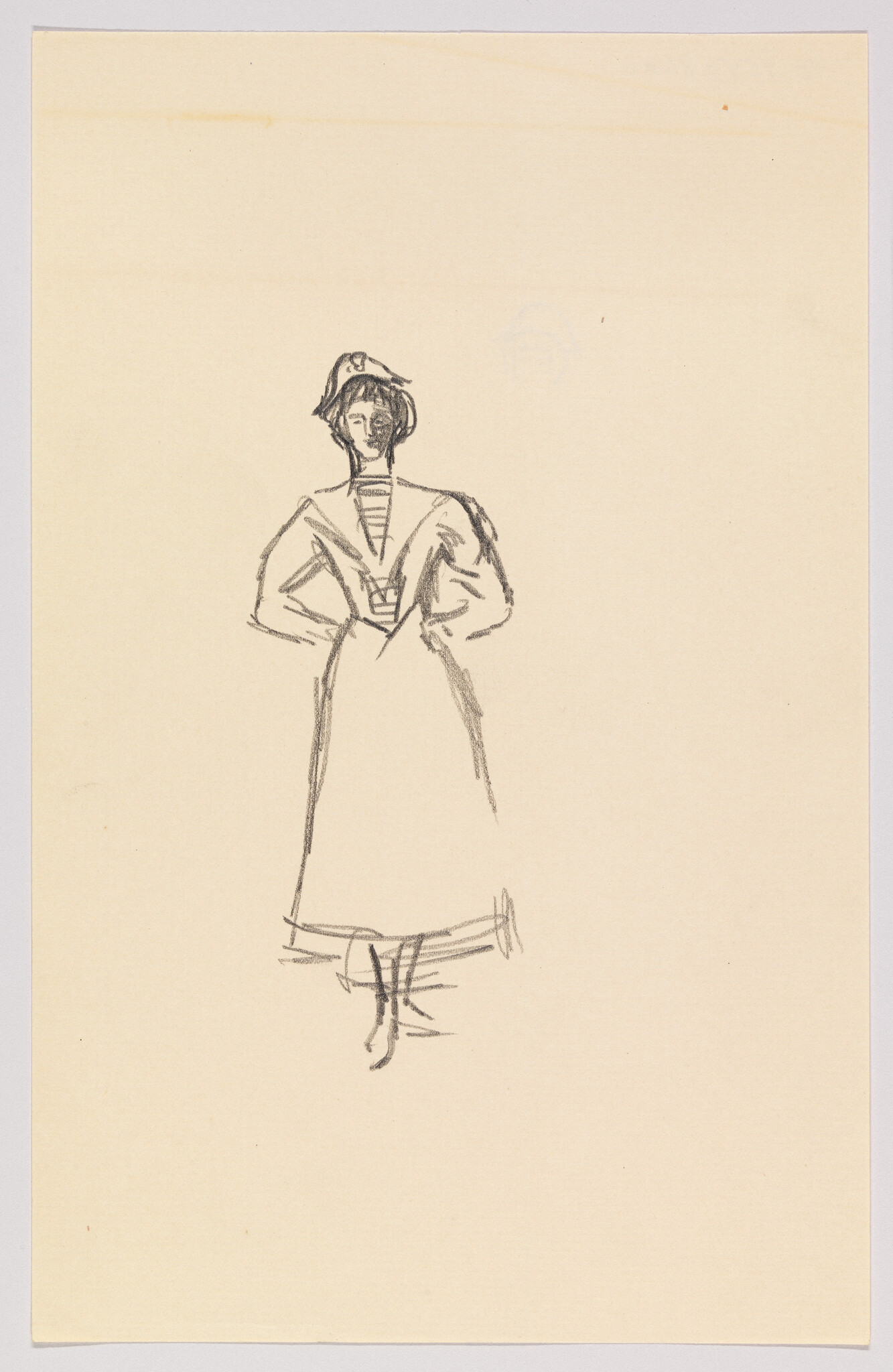 Pencil sketch of a woman standing with hands on hips wearing a dress and hat.