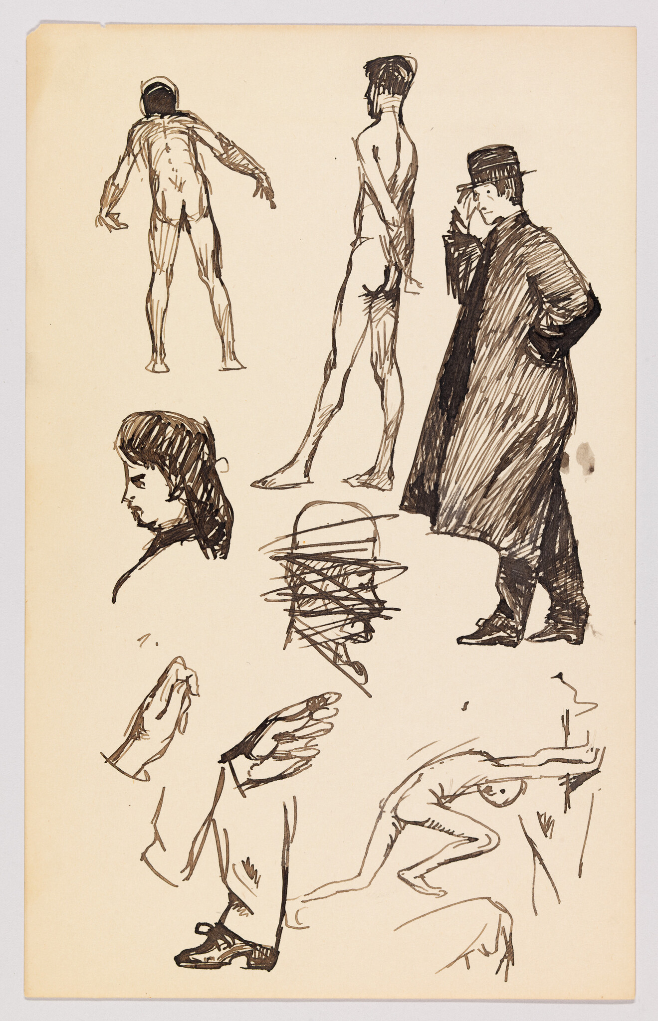 Several quick ink sketches showing standing and nude figures, hands, and a man tipping his hat.