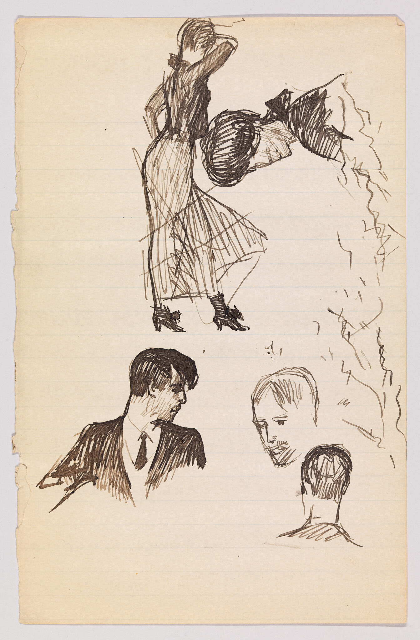 Several quick ink sketches show a standing woman fixing her hair and three male head studies.