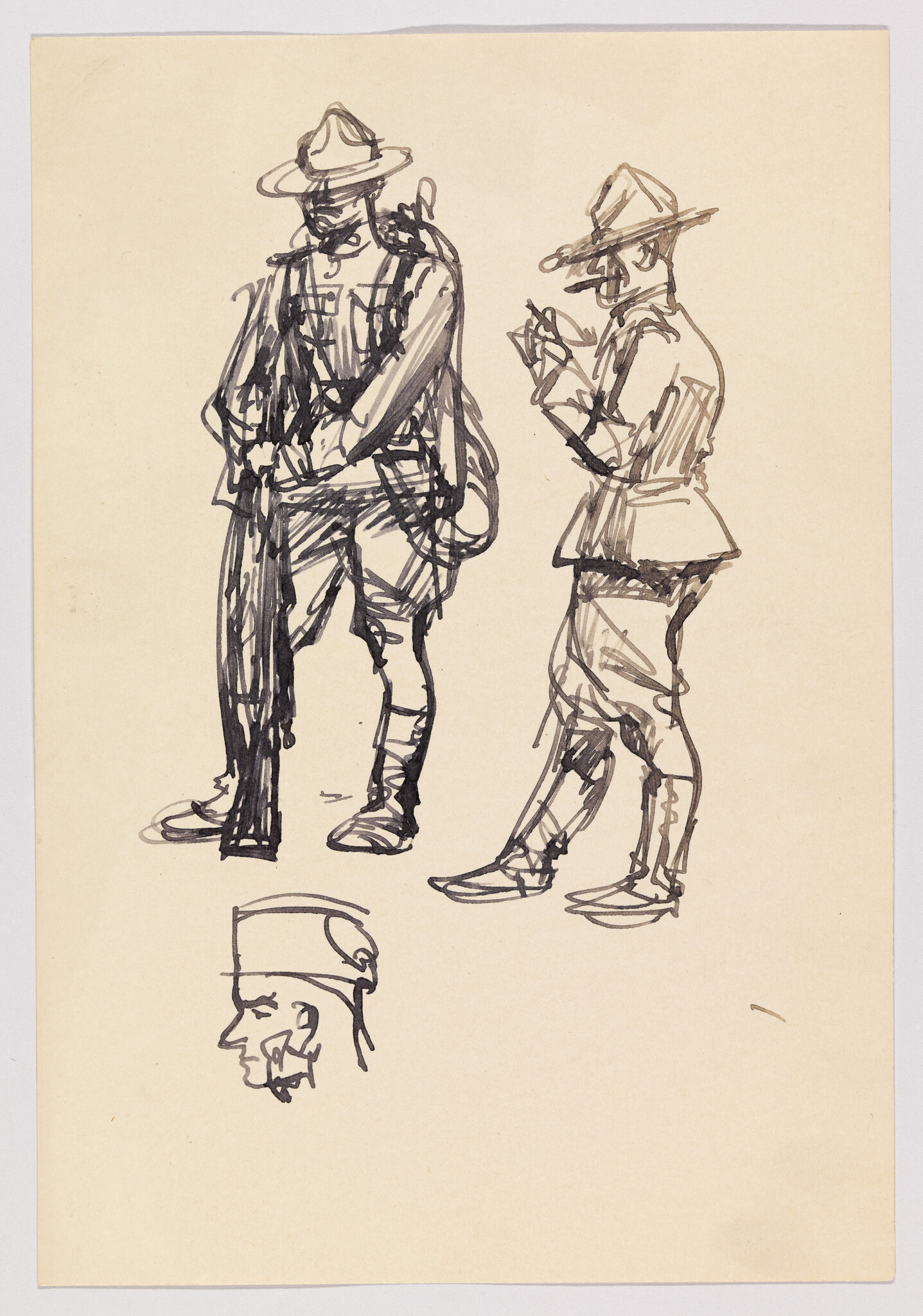 Three quick ink sketches show soldiers in uniform hats, two standing and one head profile.