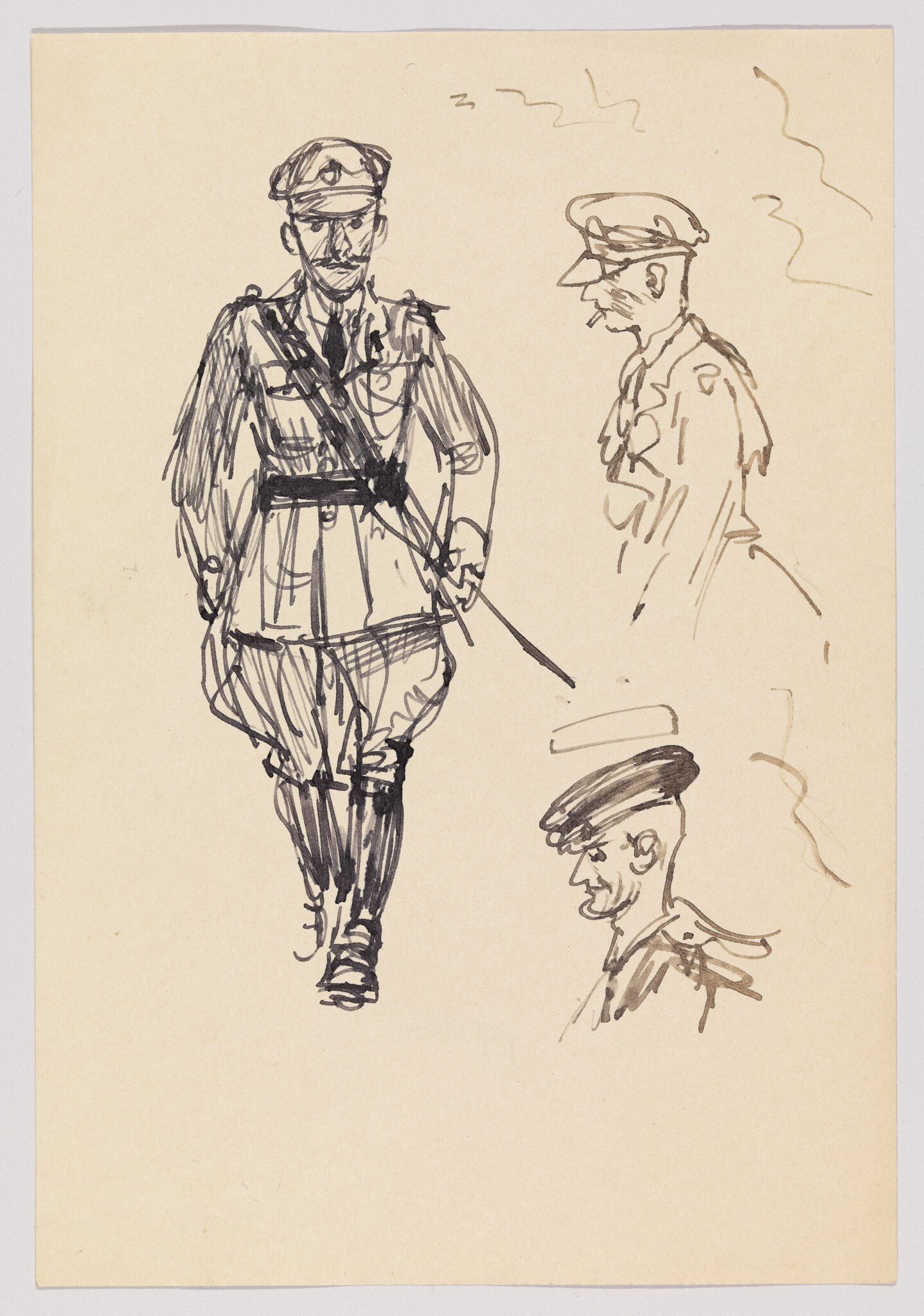 A pen sketch showing an officer marching forward with two side-profile studies of his head.