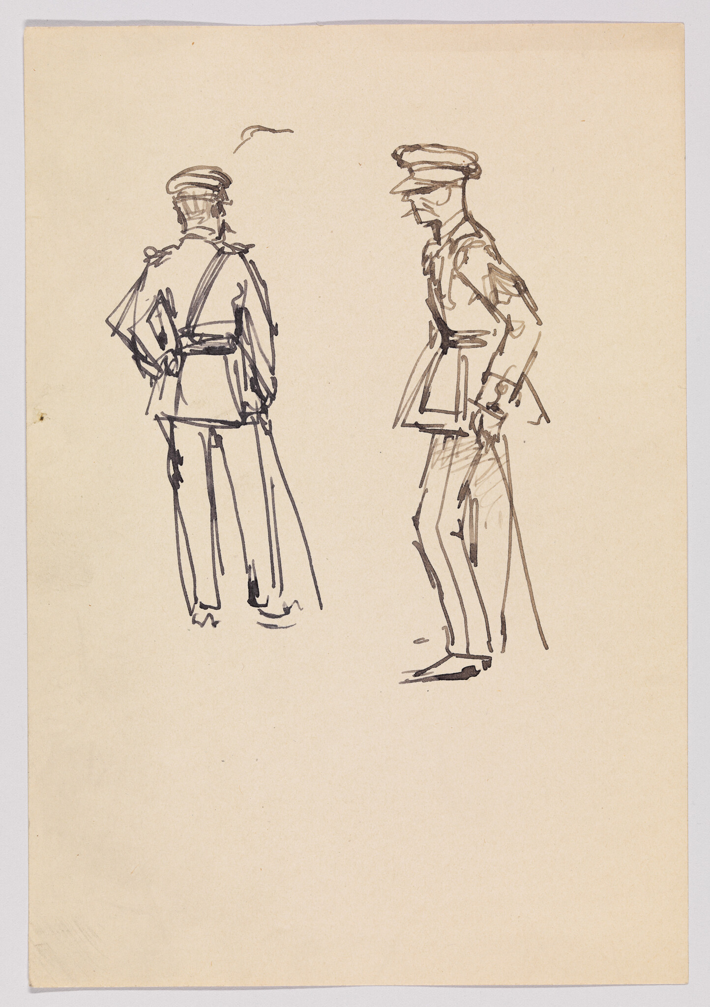 Two quick ink sketches of uniformed officers, one shown from behind and one in profile.