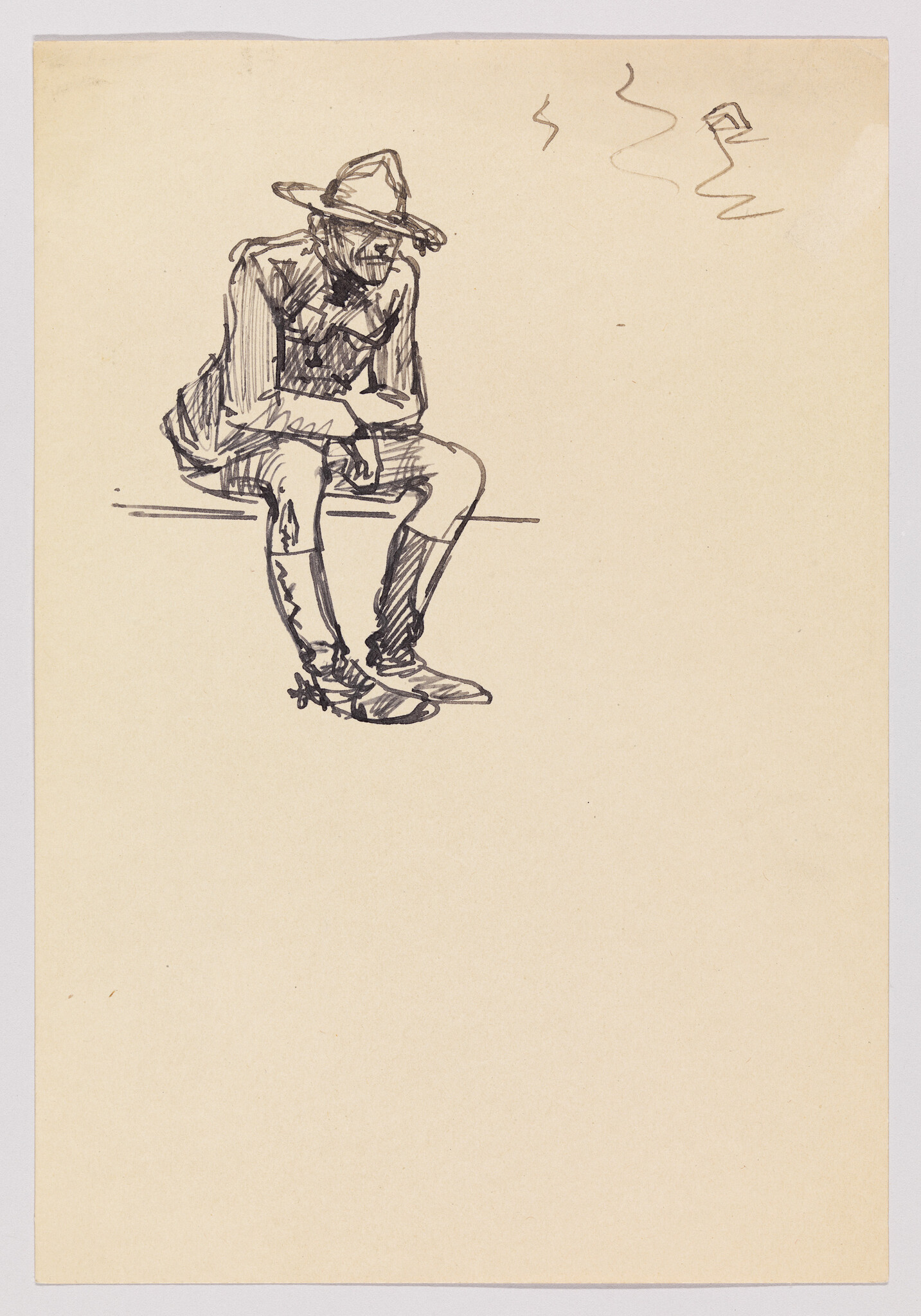 A rough pen sketch of a seated man wearing a wide-brim hat and boots leaning forward.