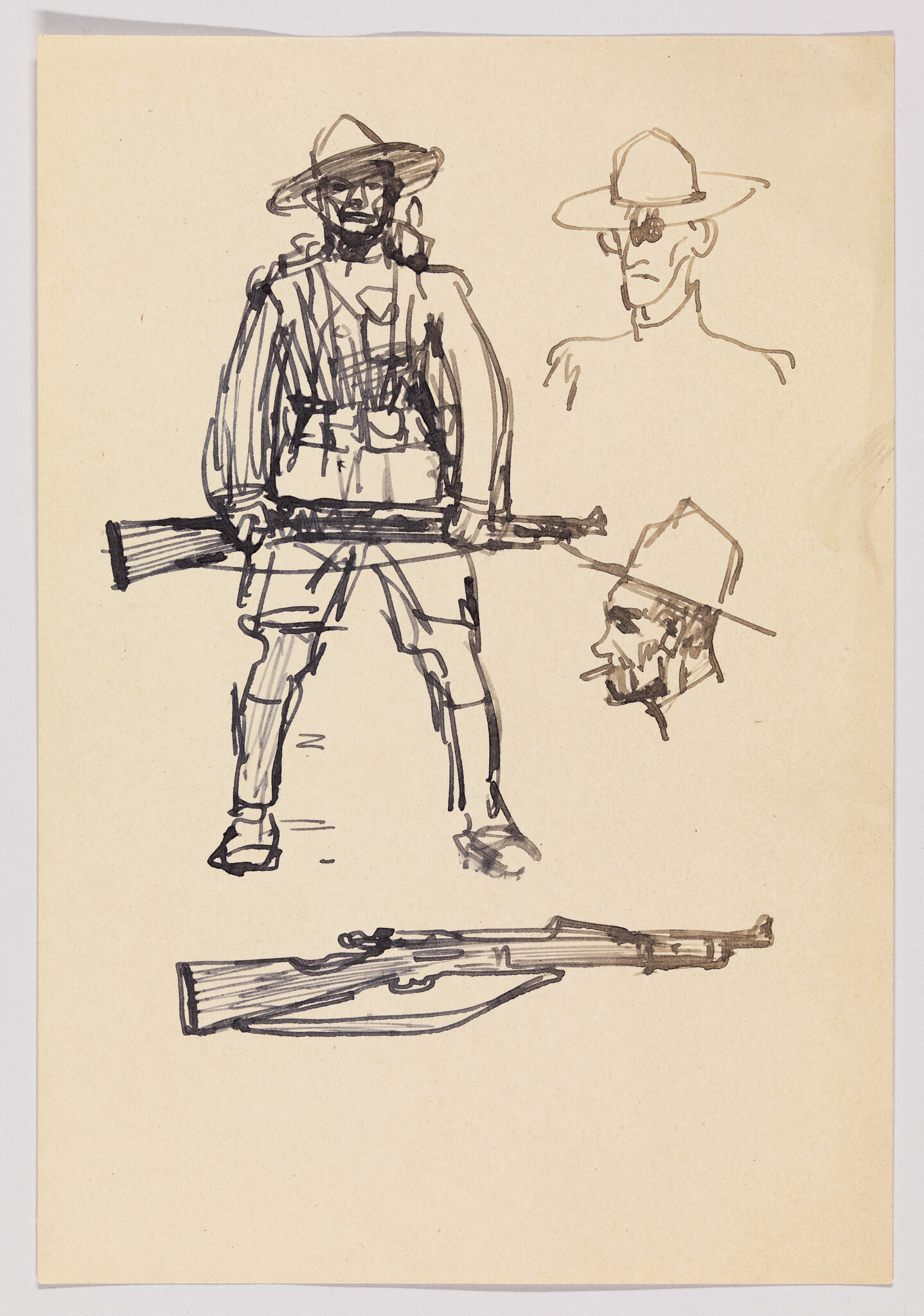 A rough pen sketch of a soldier standing with a rifle and two smaller head studies.