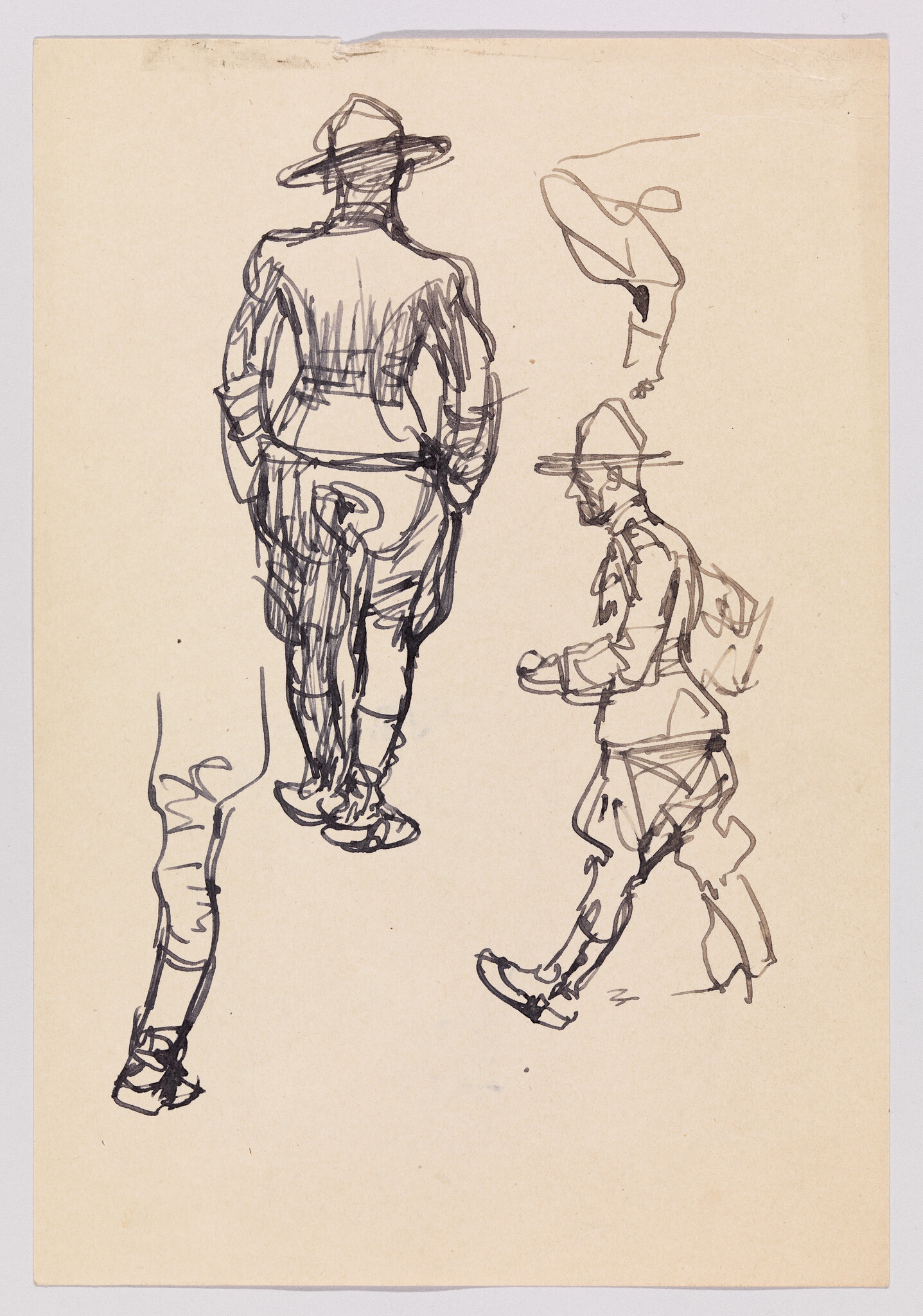 Three quick pen sketches of men in hats walking from back and side.