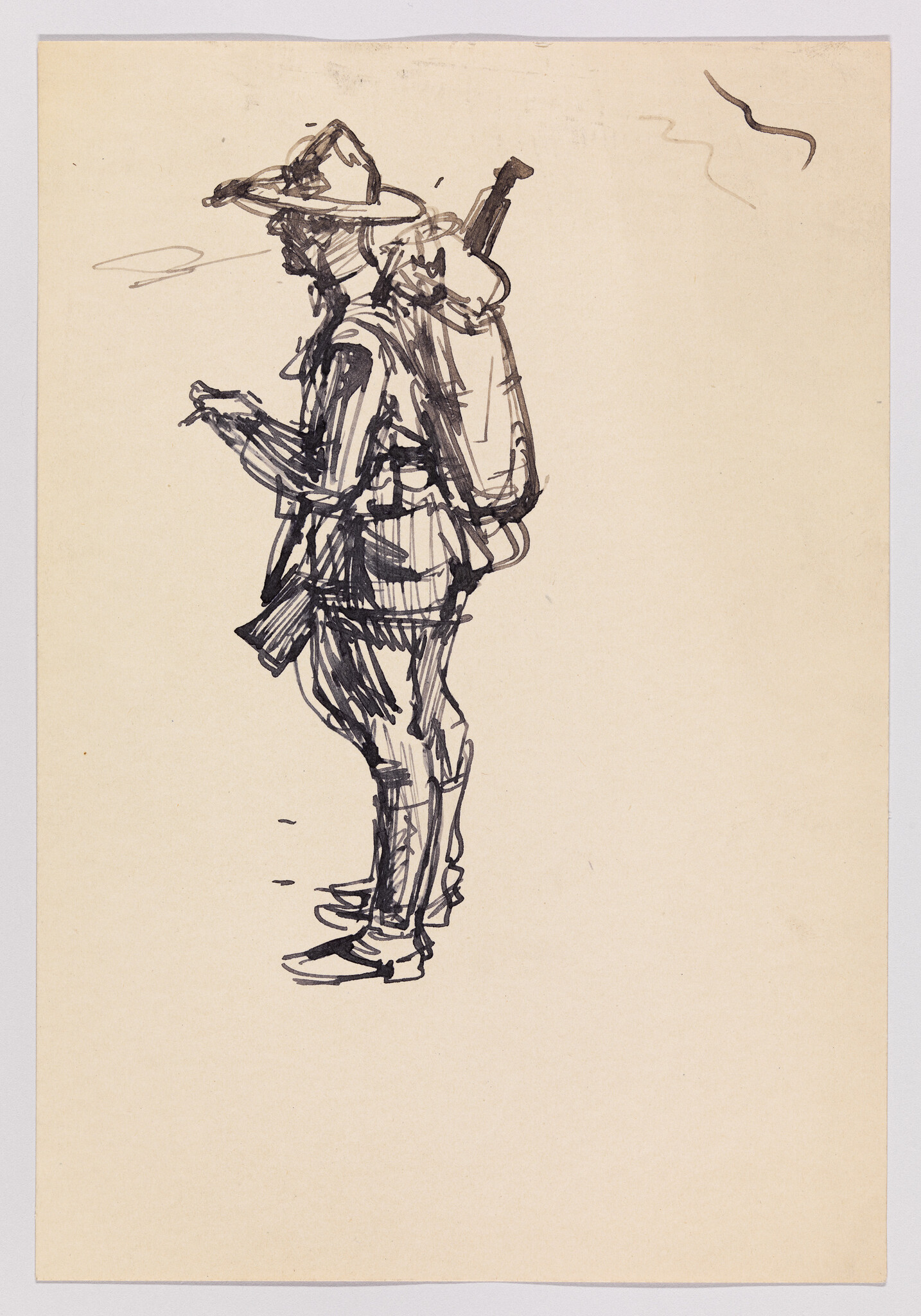 Pen sketch of a standing soldier wearing a wide hat and carrying a backpack and rifle.