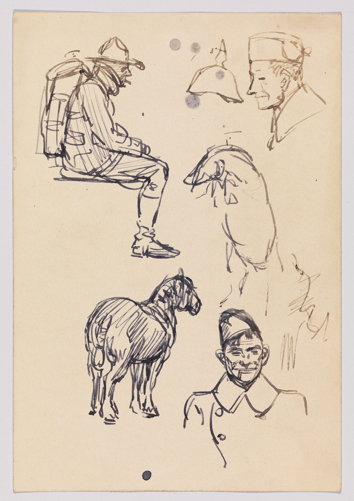 Several quick ink sketches show seated and standing soldiers, a horse, and helmet studies.