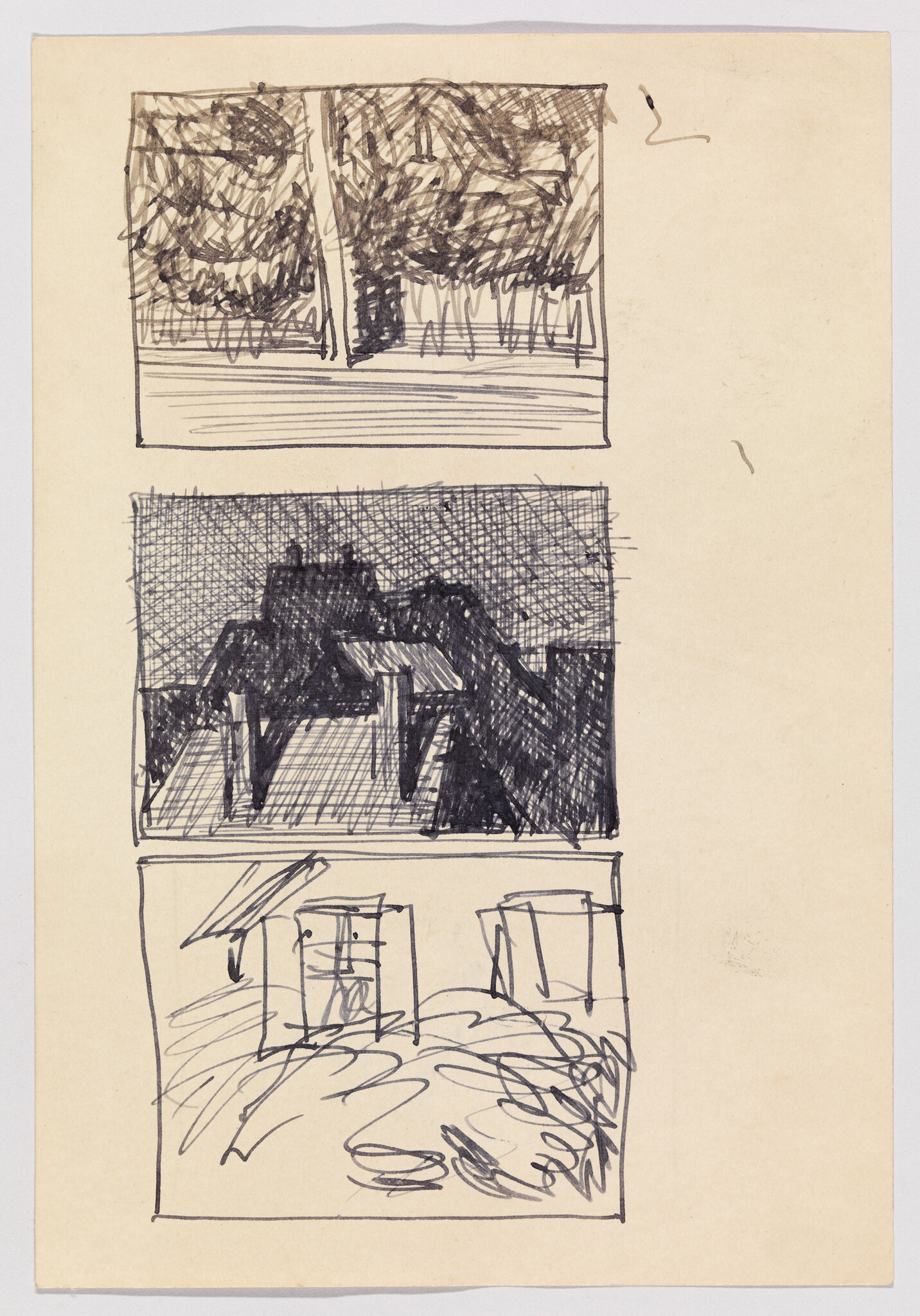 Three stacked rough pen sketches showing trees, a rooftop scene, and two boxy shapes above scribbled ground.