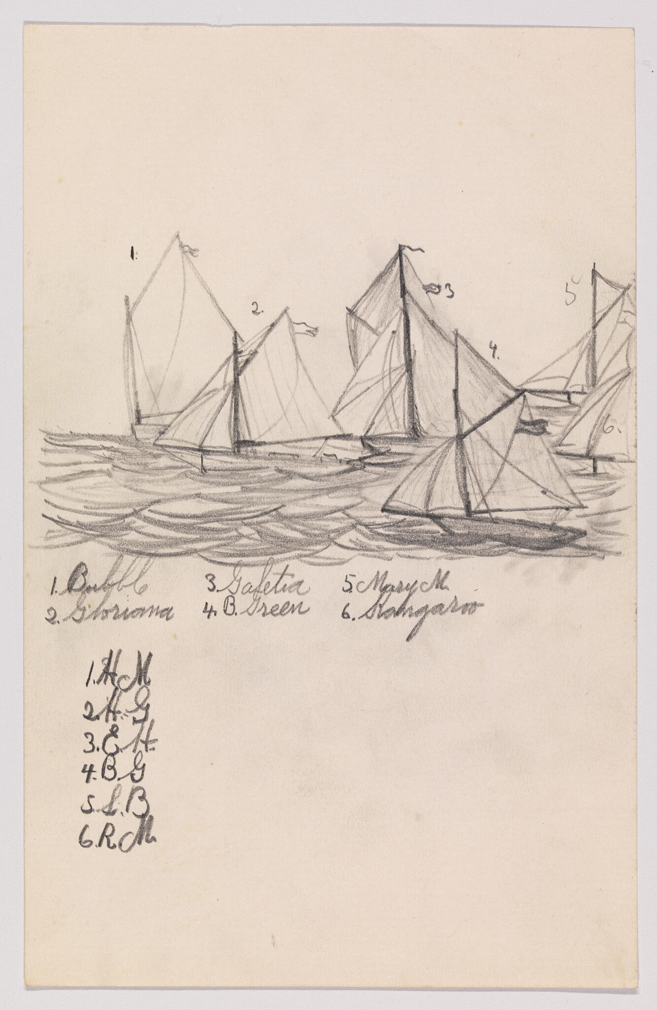Several pencil-sketched sailboats on choppy water with handwritten numbered labels beneath.