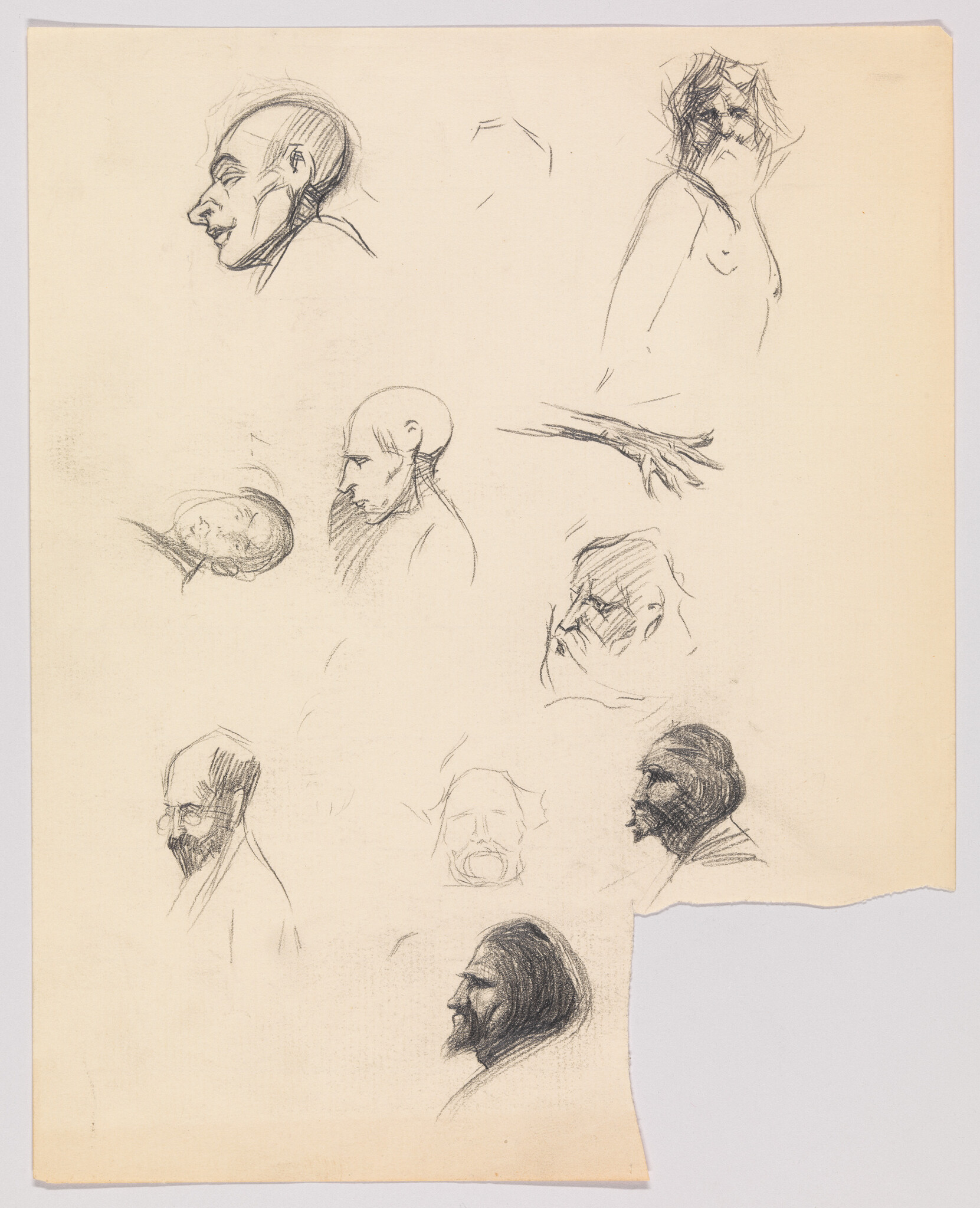 Several pencil sketches of male heads and a hand study on a torn sheet of paper.