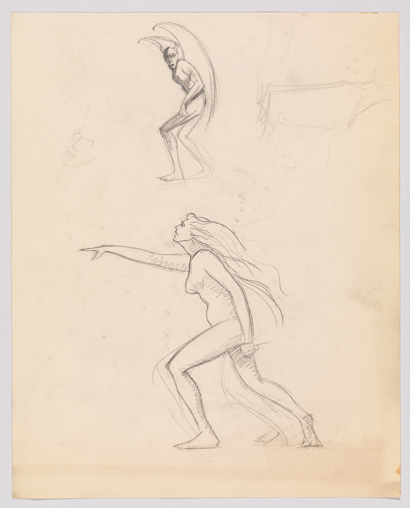 A woman lunges forward on bent legs, reaching with one arm and long hair flowing.