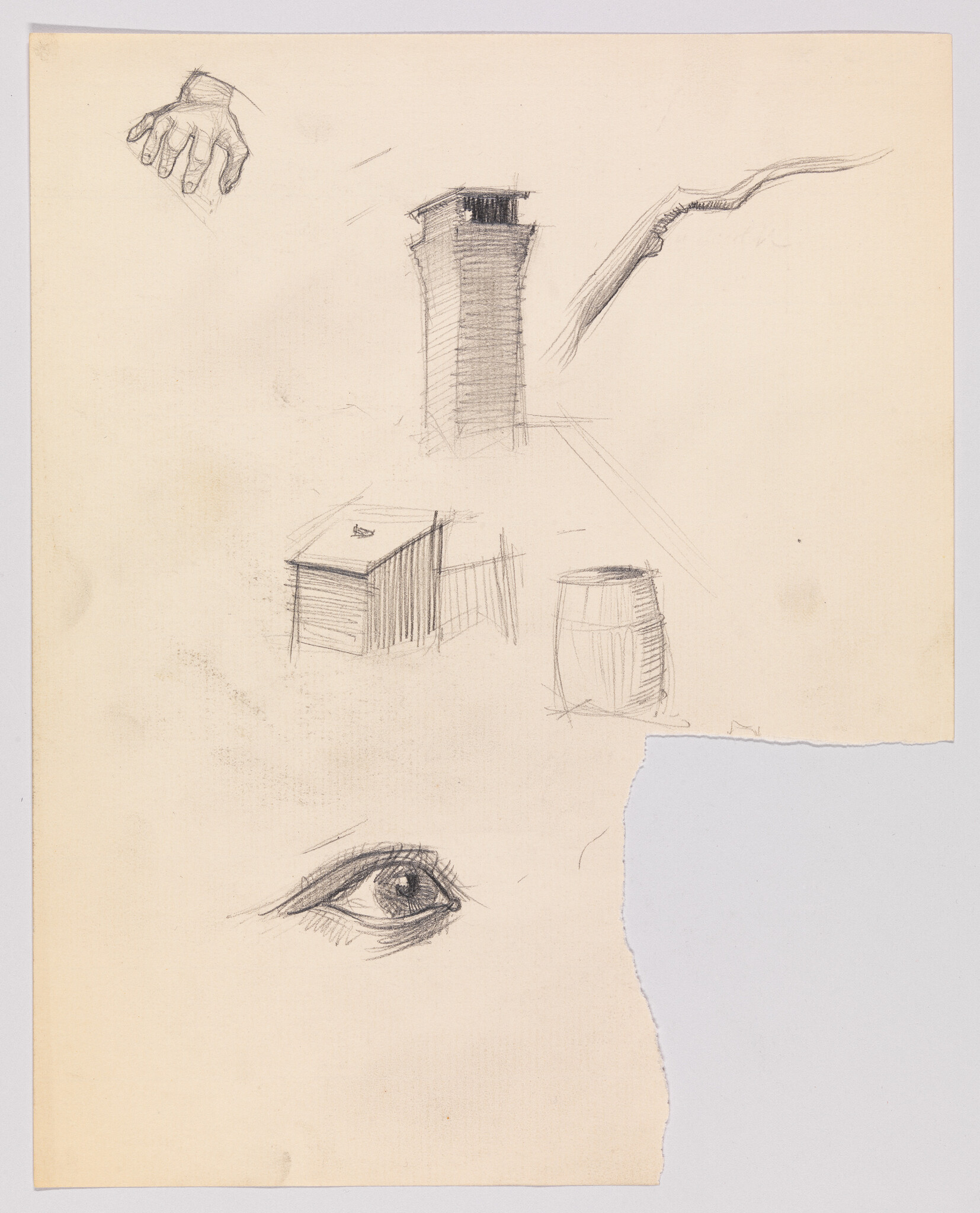 Pencil sketches of an eye, hand, tower, barrel, and a torn corner on paper.