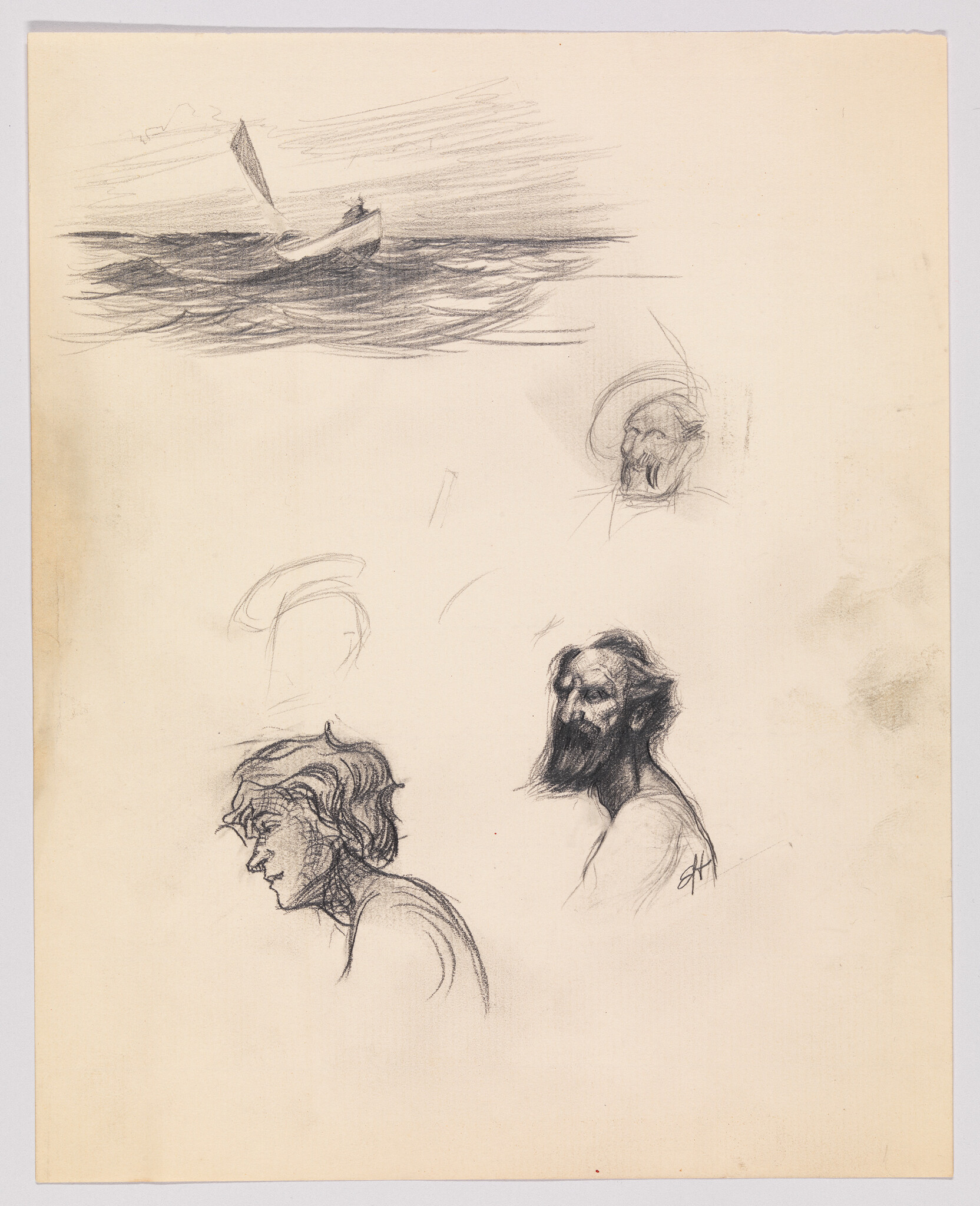 Several pencil sketches show a small sailboat on rough water and three study portraits.