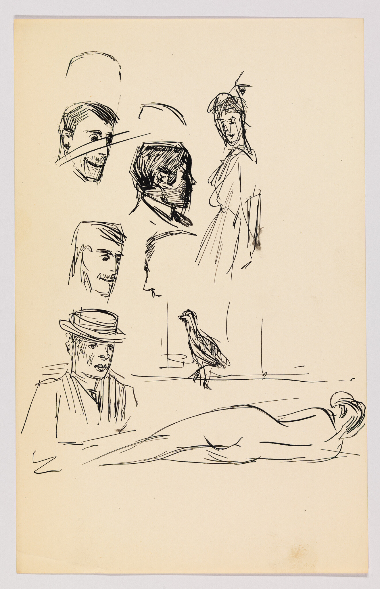 Several quick ink sketches show men’s faces, a standing woman, a bird, and a reclining nude.