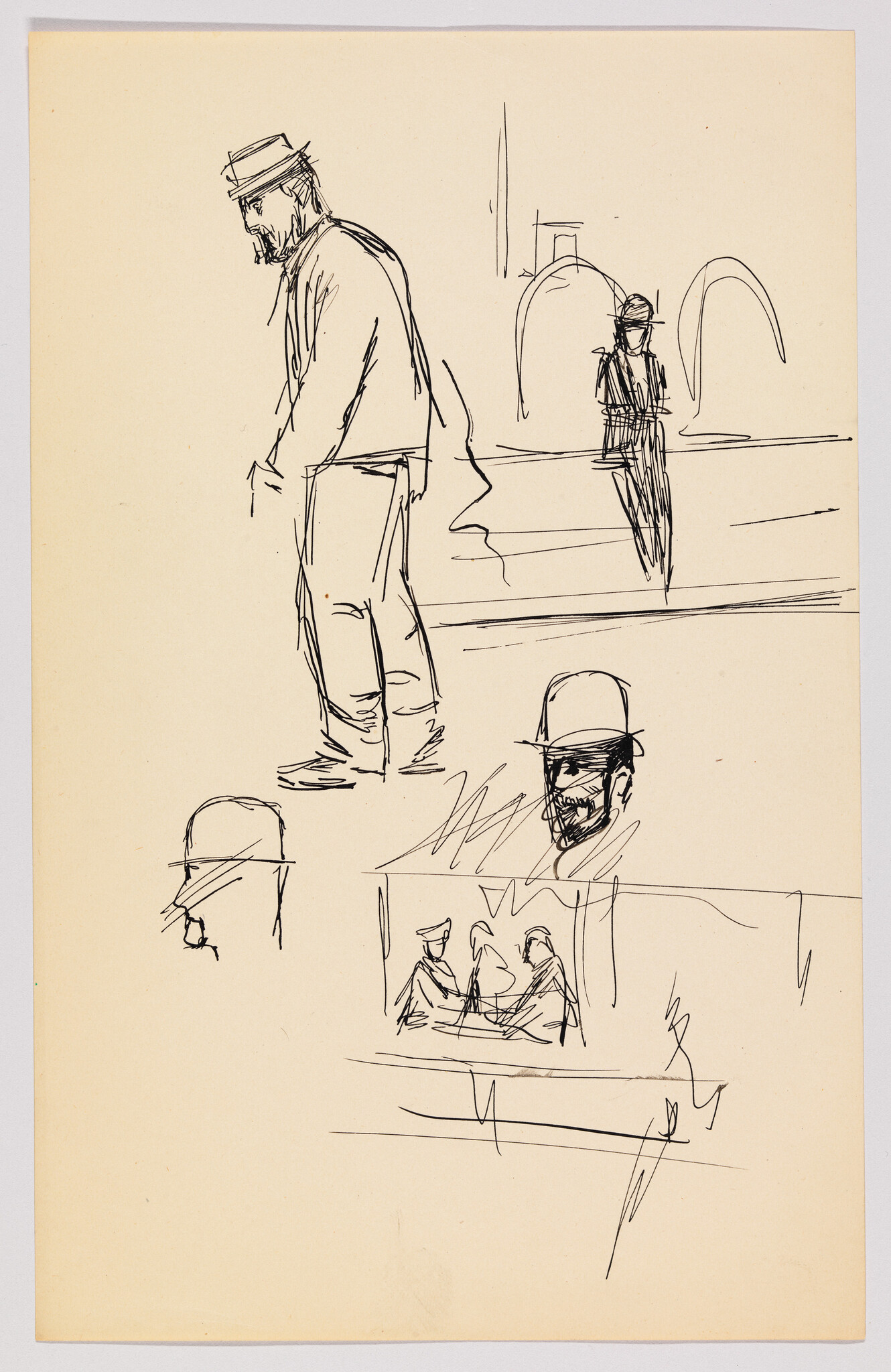 A loose ink sketch showing a standing man in a hat and several smaller head and figure studies.