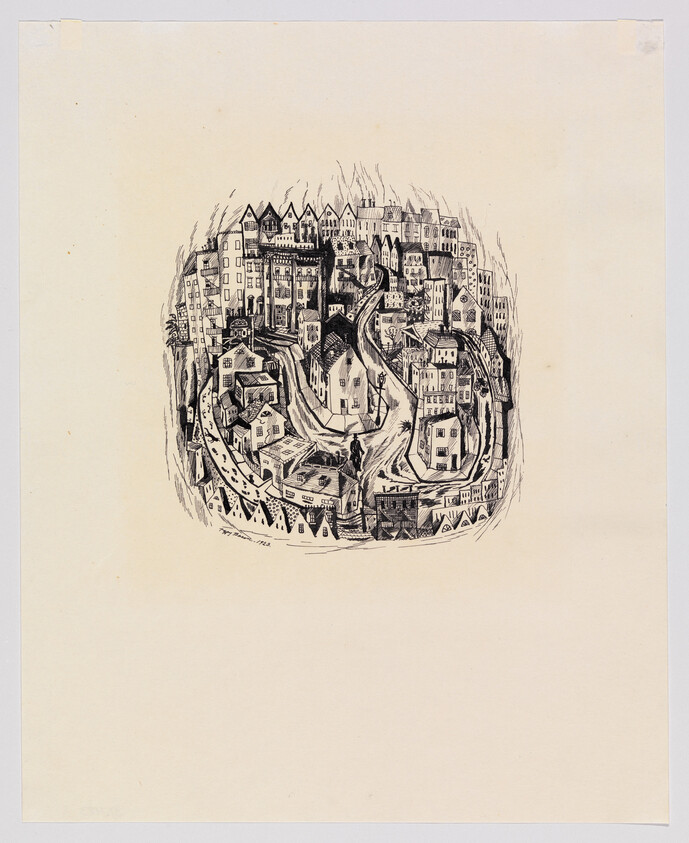 A detailed ink drawing of a dense hillside town with winding roads and clustered houses.