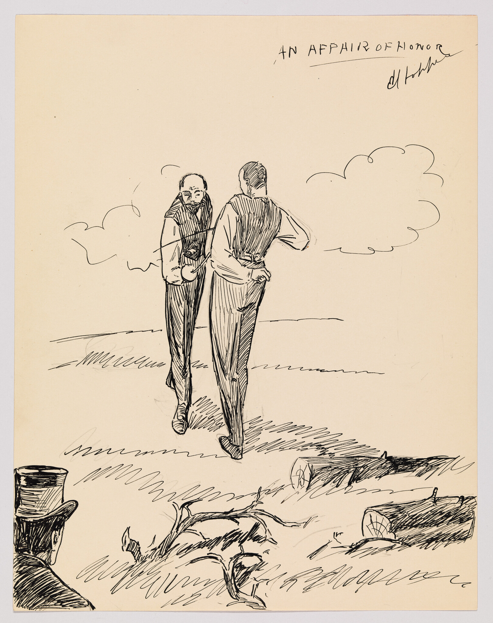 Two gentlemen walk toward each other across a field while a spectator watches from the foreground.