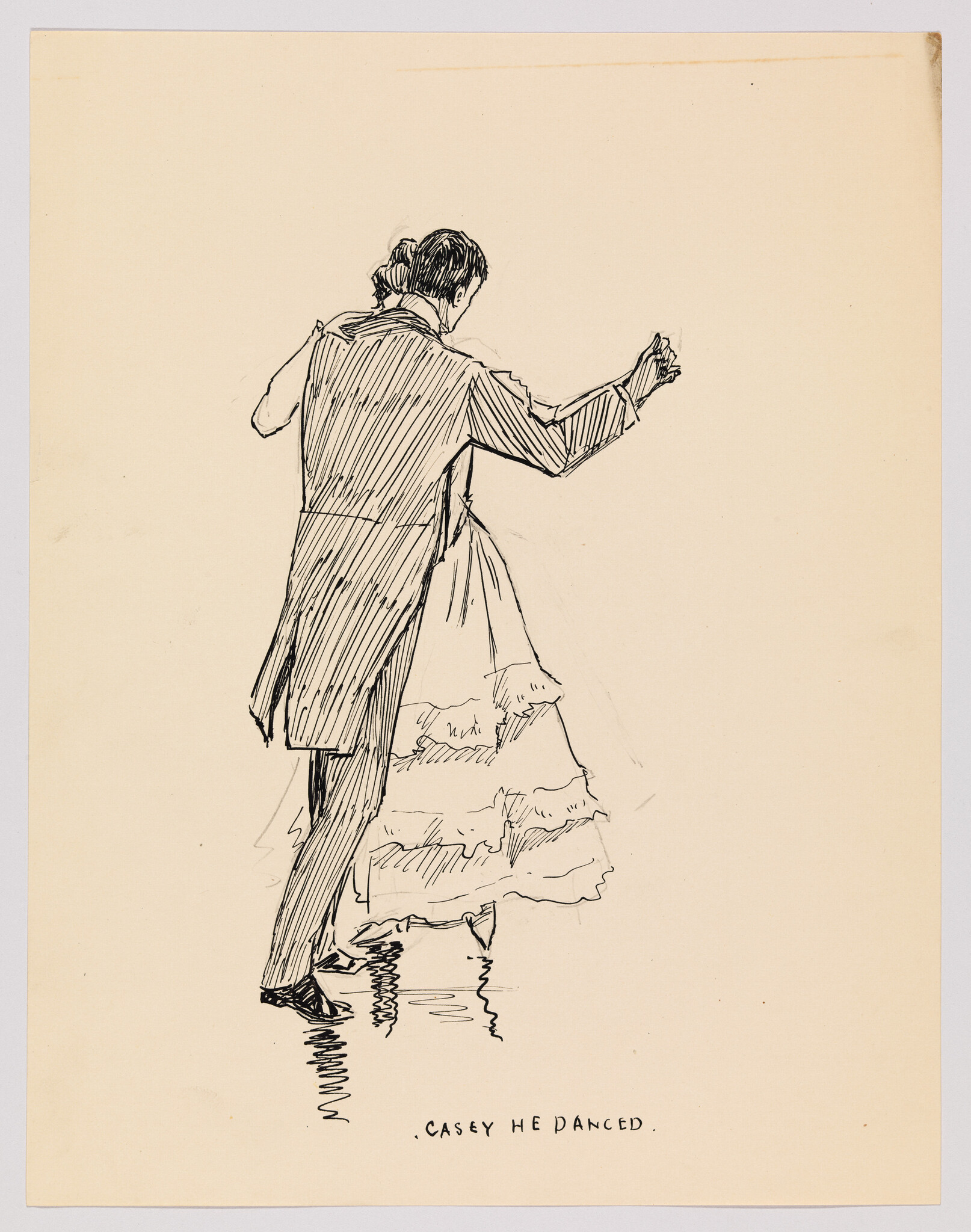 A man labeled Casey dances with a partner, shown from behind in a pen drawing.