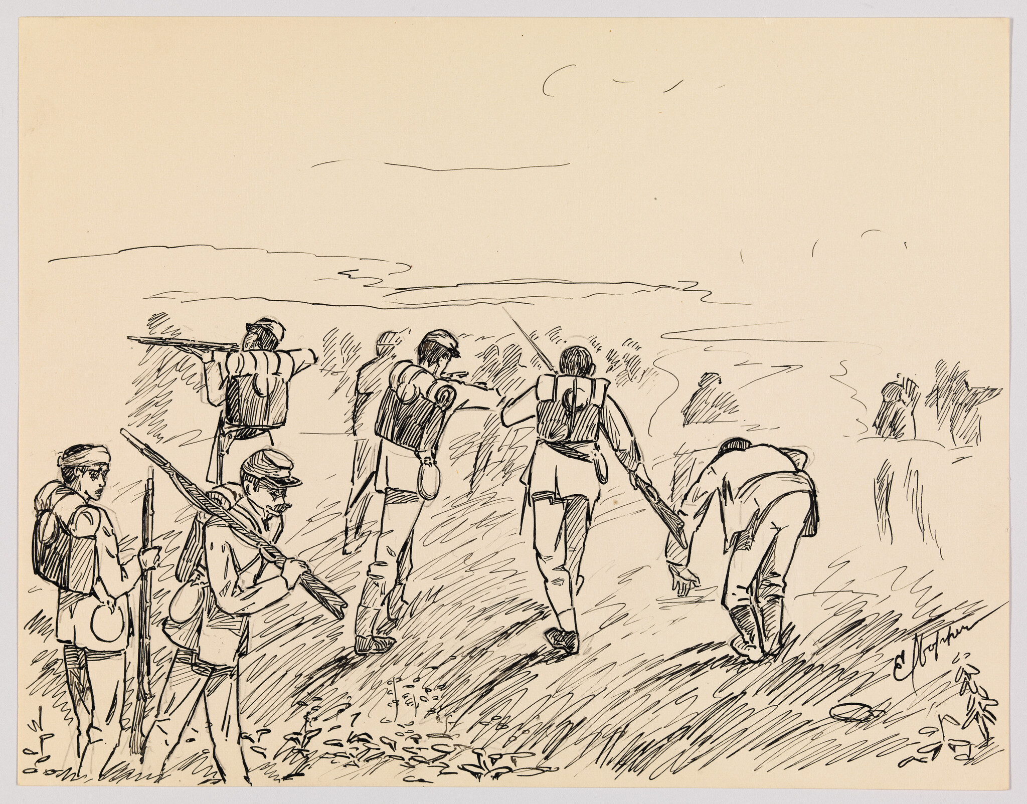 A line of soldiers advancing through tall grass carrying rifles and backpacks.