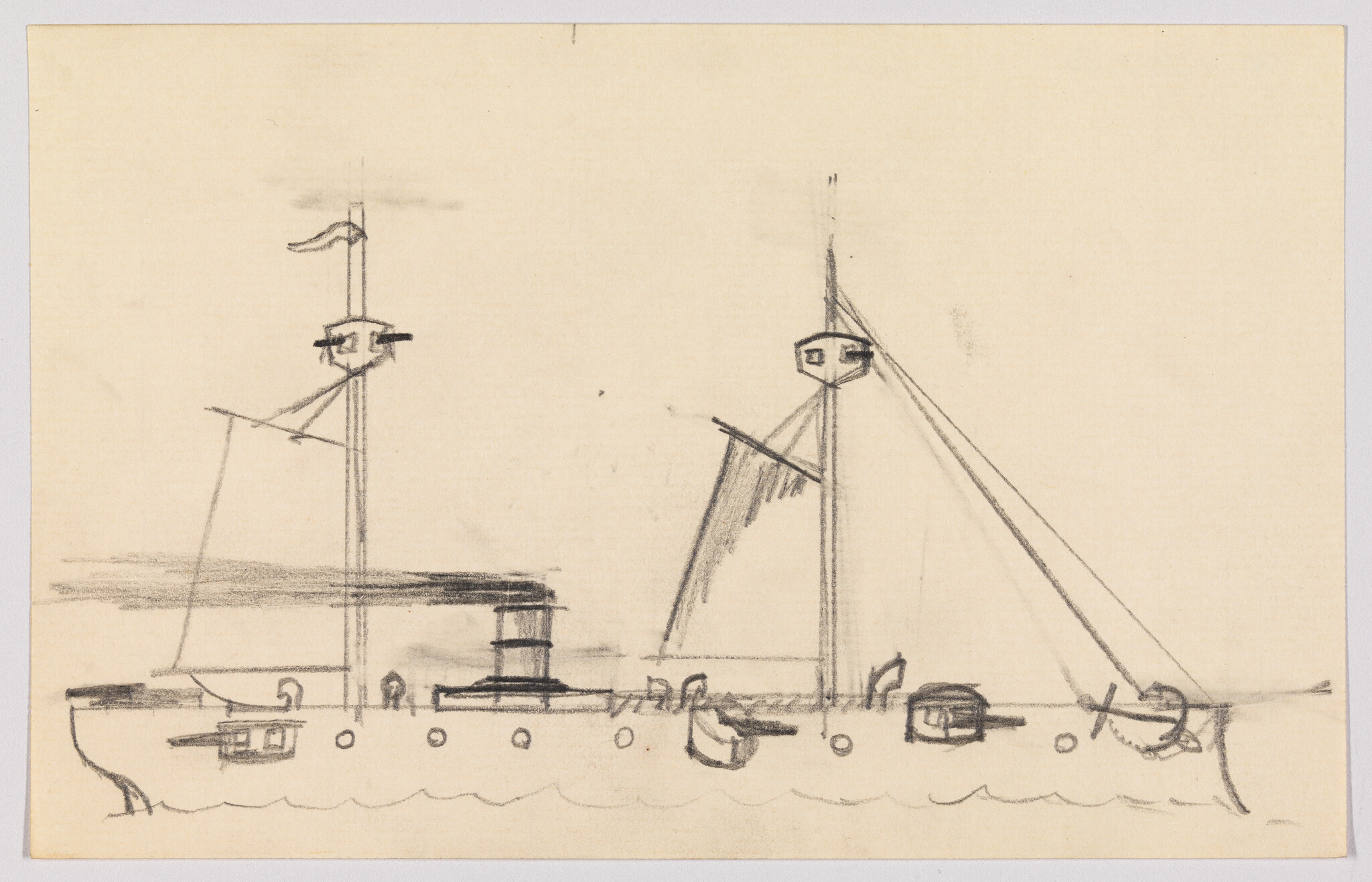 A simple pencil sketch of a two-masted steamship with a smokestack and small lifeboats.