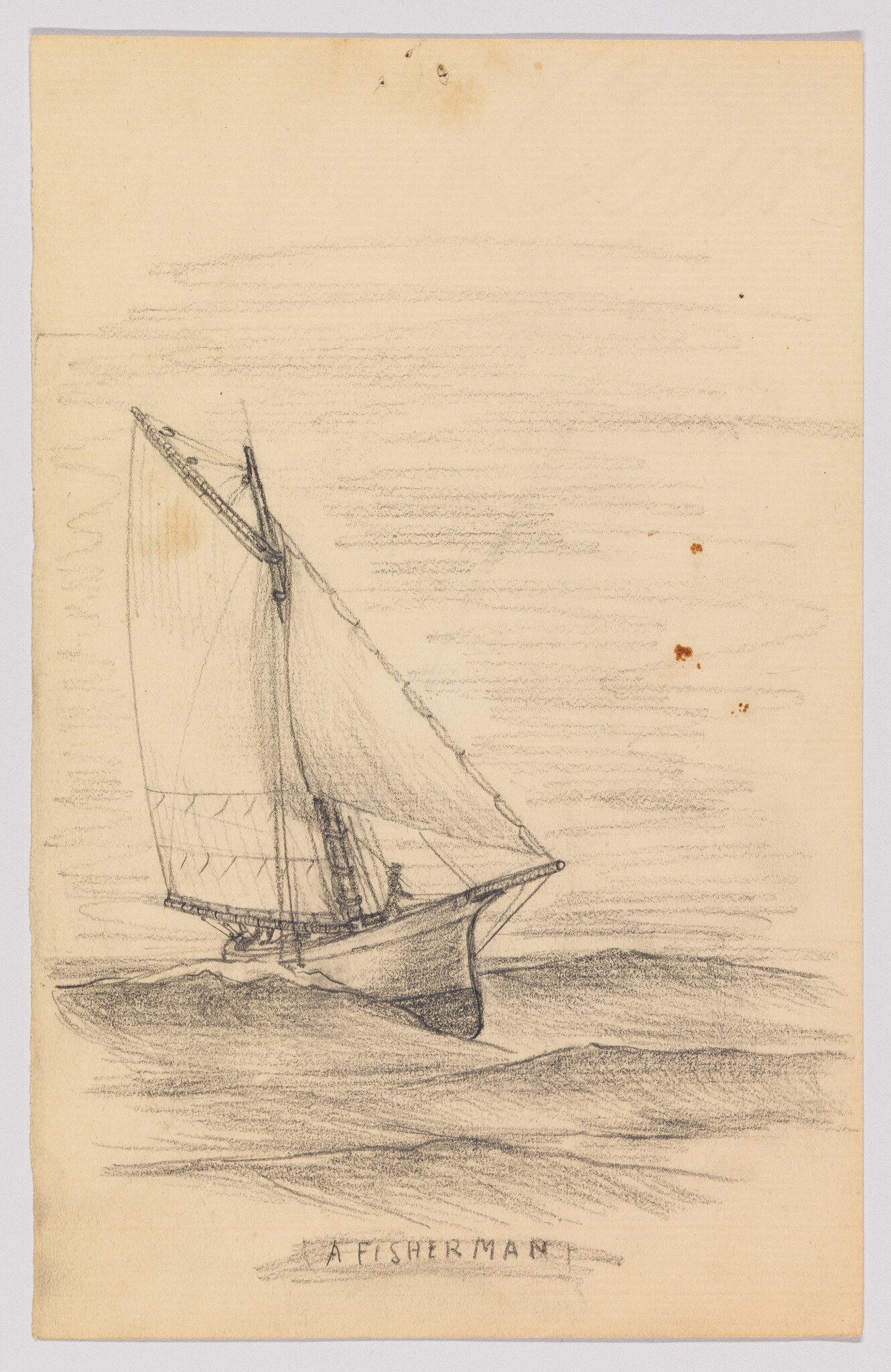 A small fishing boat with sails cuts through choppy water with the caption "A FISHERMAN."