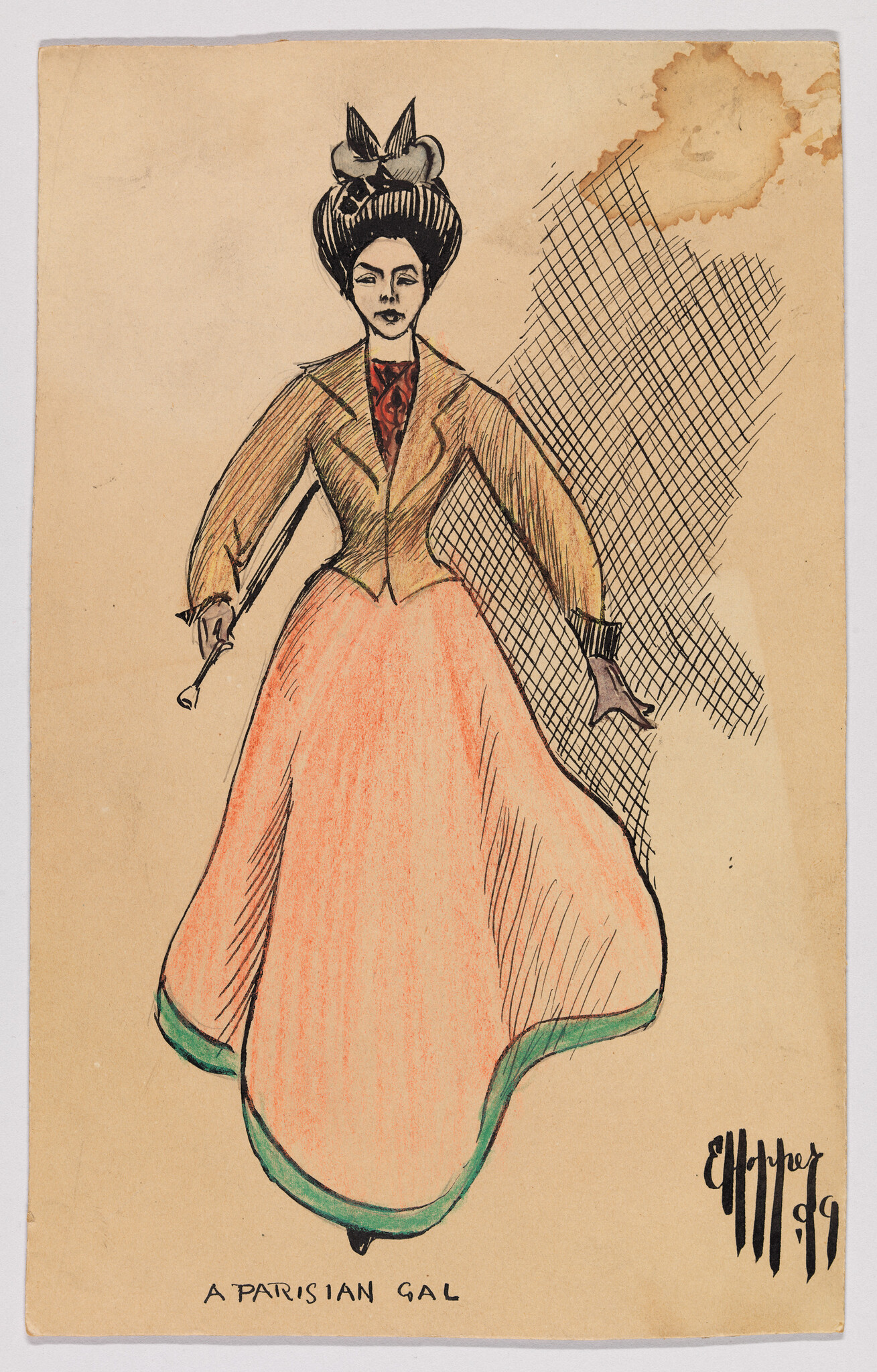 A fashionable Parisian woman wearing a large skirt, tailored jacket, and a tall hat.