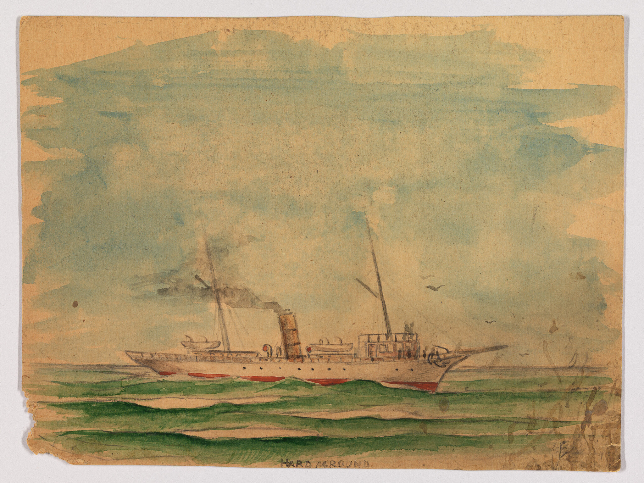 A small steamship with a smokestack sails on green waves under a pale blue sky.