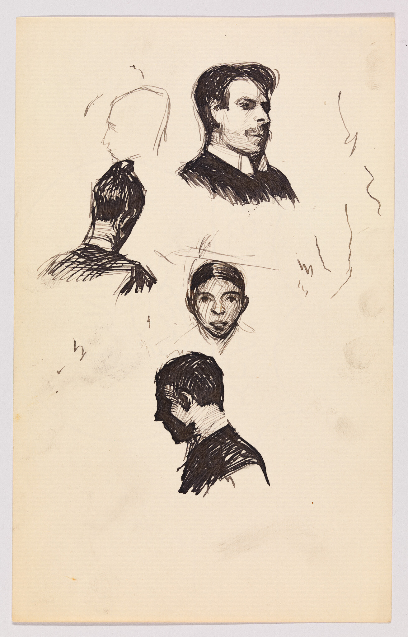 Multiple pen sketches show men's heads and profiles on a cream sheet of paper.