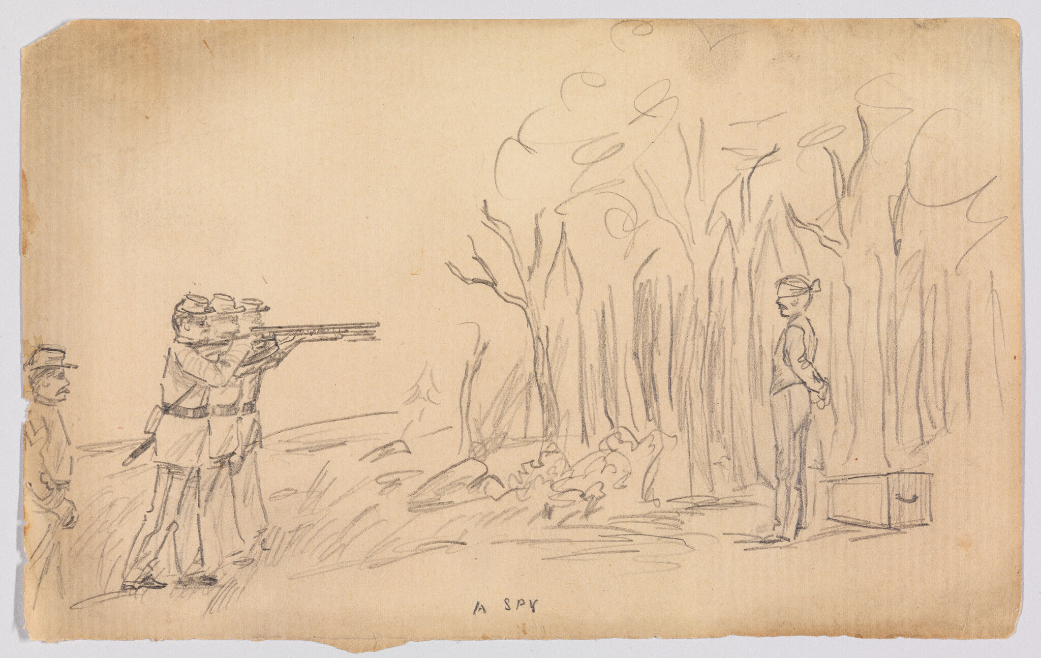 Two uniformed soldiers aim rifles at a blindfolded man with hands bound near a tree line.