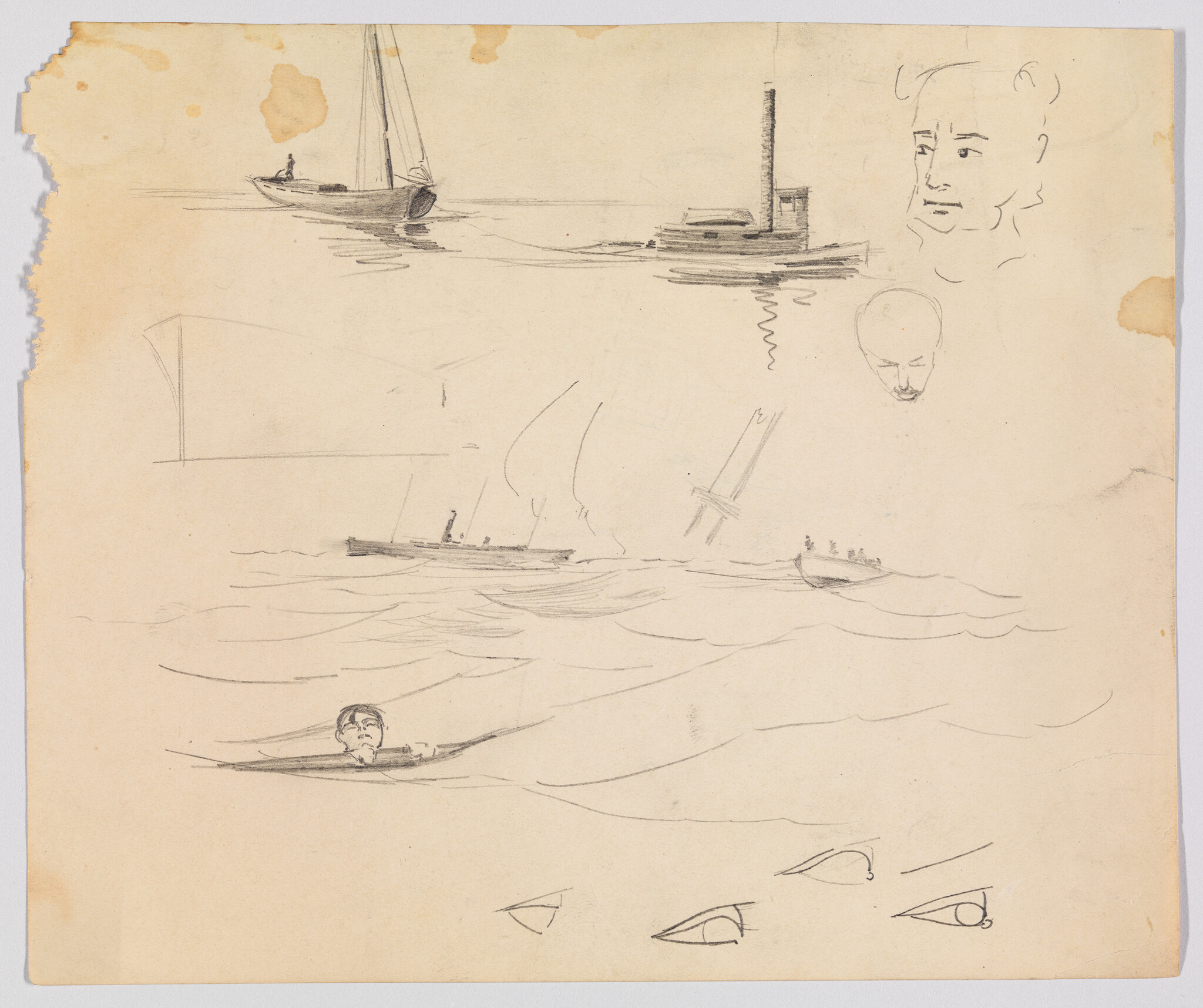 A small figure struggles in choppy water while sailboats and a steamboat sit in the distance.
