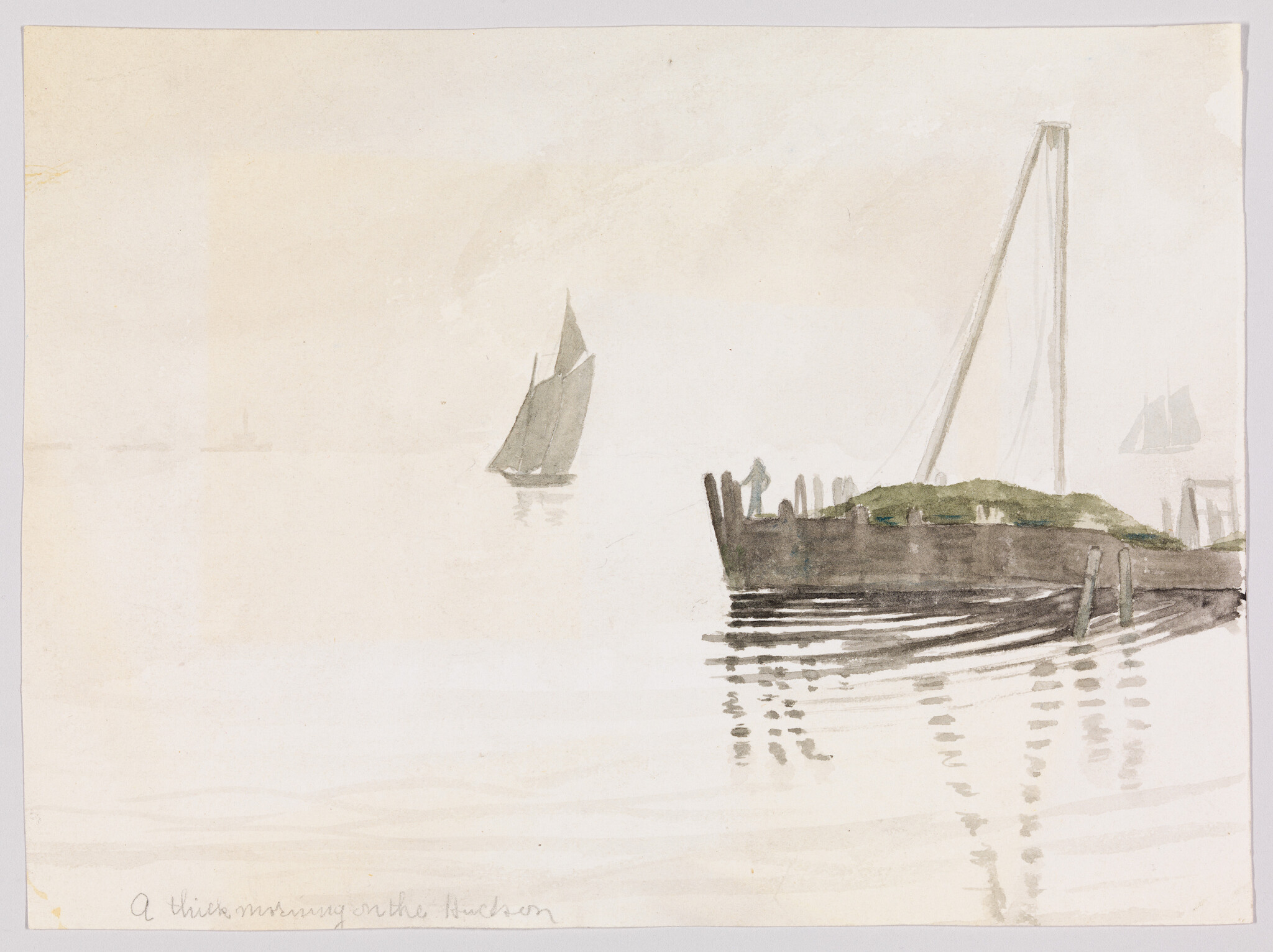 A misty river scene with a small sailboat and a docked barge reflected in calm water.
