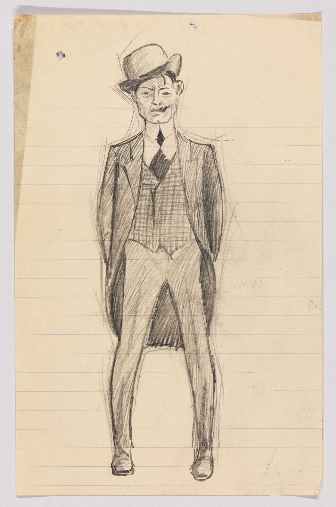 A pencil sketch of a man in a suit and bowler hat standing with hands behind his back.