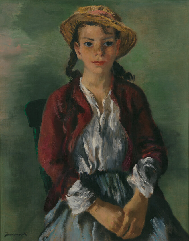 A portrait of a young girl with braided hair wearing a straw hat adorned with a pink ribbon. She is dressed in a red jacket over a white blouse with ruffled sleeves, and her hands are clasped in her lap. The background is a muted green, and the painting style appears impressionistic. The artist's signature is visible in the lower right corner.