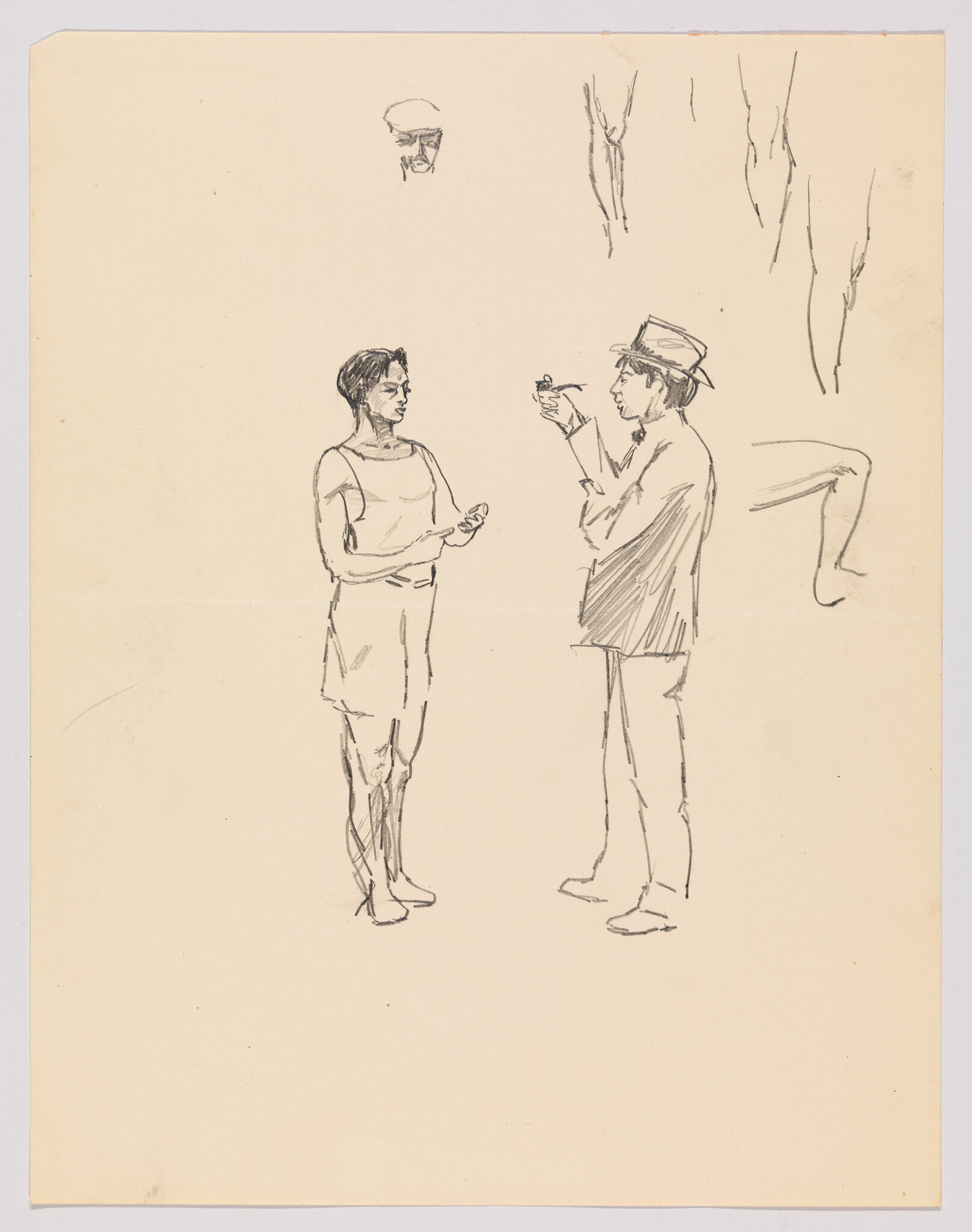 A man in a hat holds a pipe while speaking to a woman standing with her hands clasped.