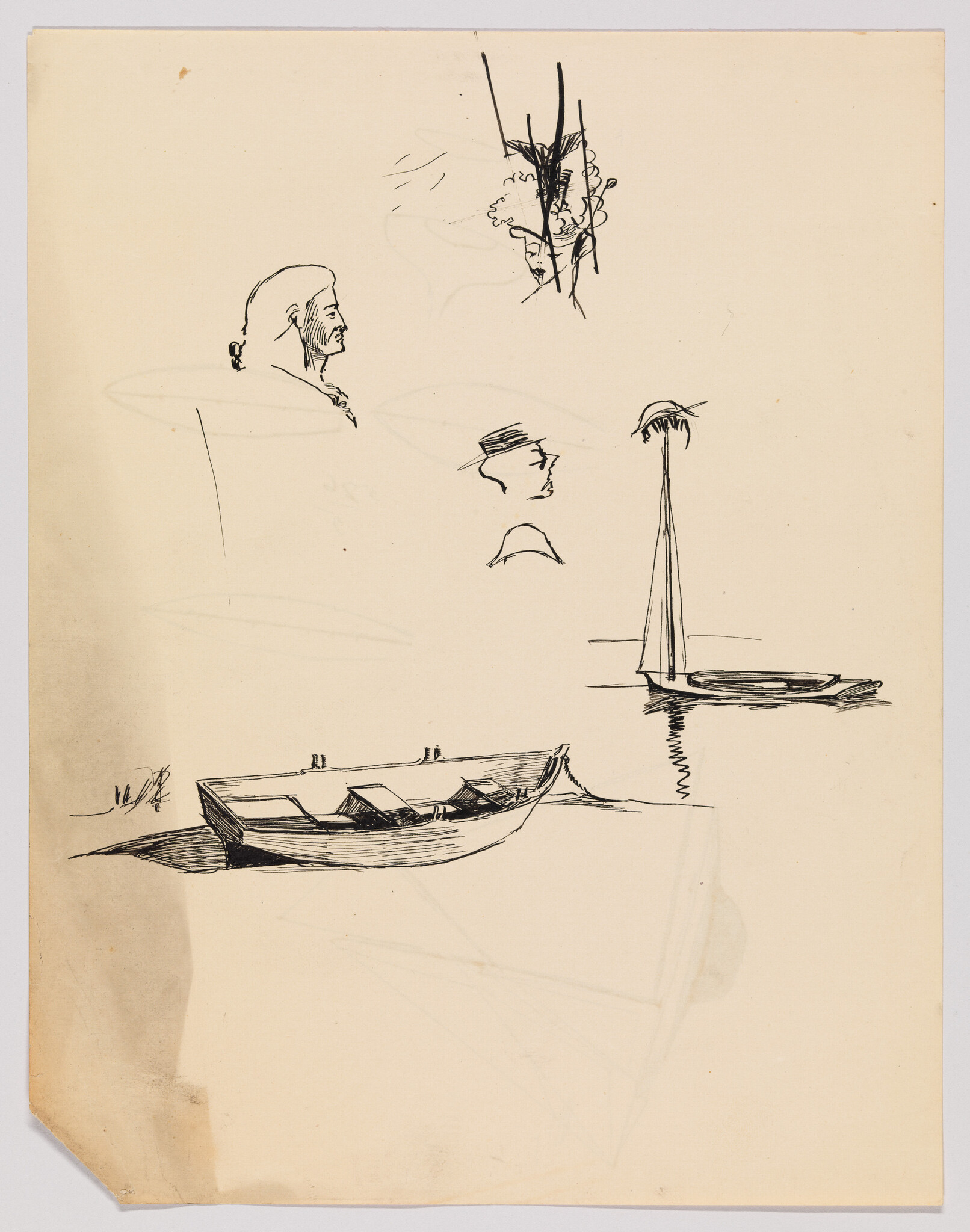 Simple pen sketches of a moored rowboat and nearby sailboat with small profile head studies.