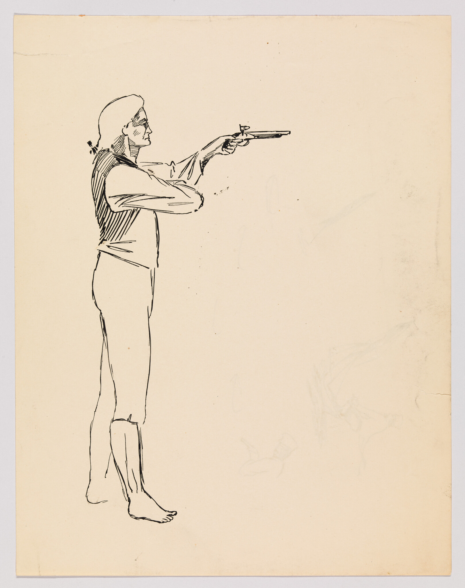 A barefoot person standing in profile aims a pistol straight ahead with both hands.