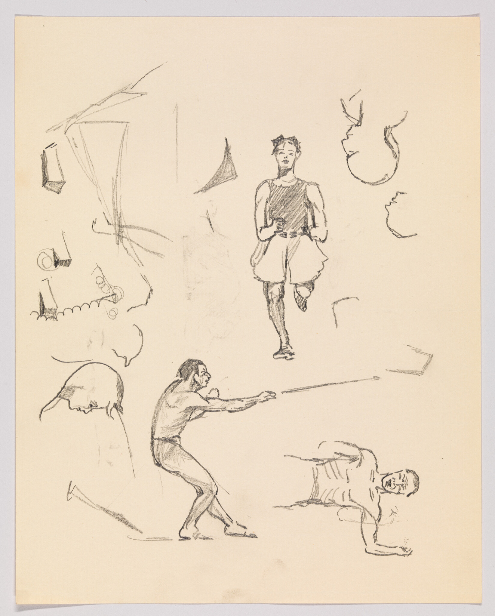 Pencil sketch sheet showing several male figures in motion, including a runner and a man pulling.