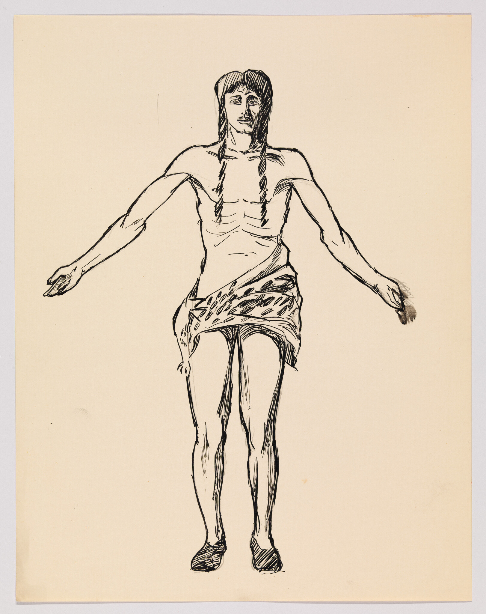 Ink sketch of a human figure with arms outstretched and a neutral expression, wearing a draped cloth around the waist and sandals, reminiscent of classical or historical drawings. The background is plain, highlighting the simplicity of the drawing.