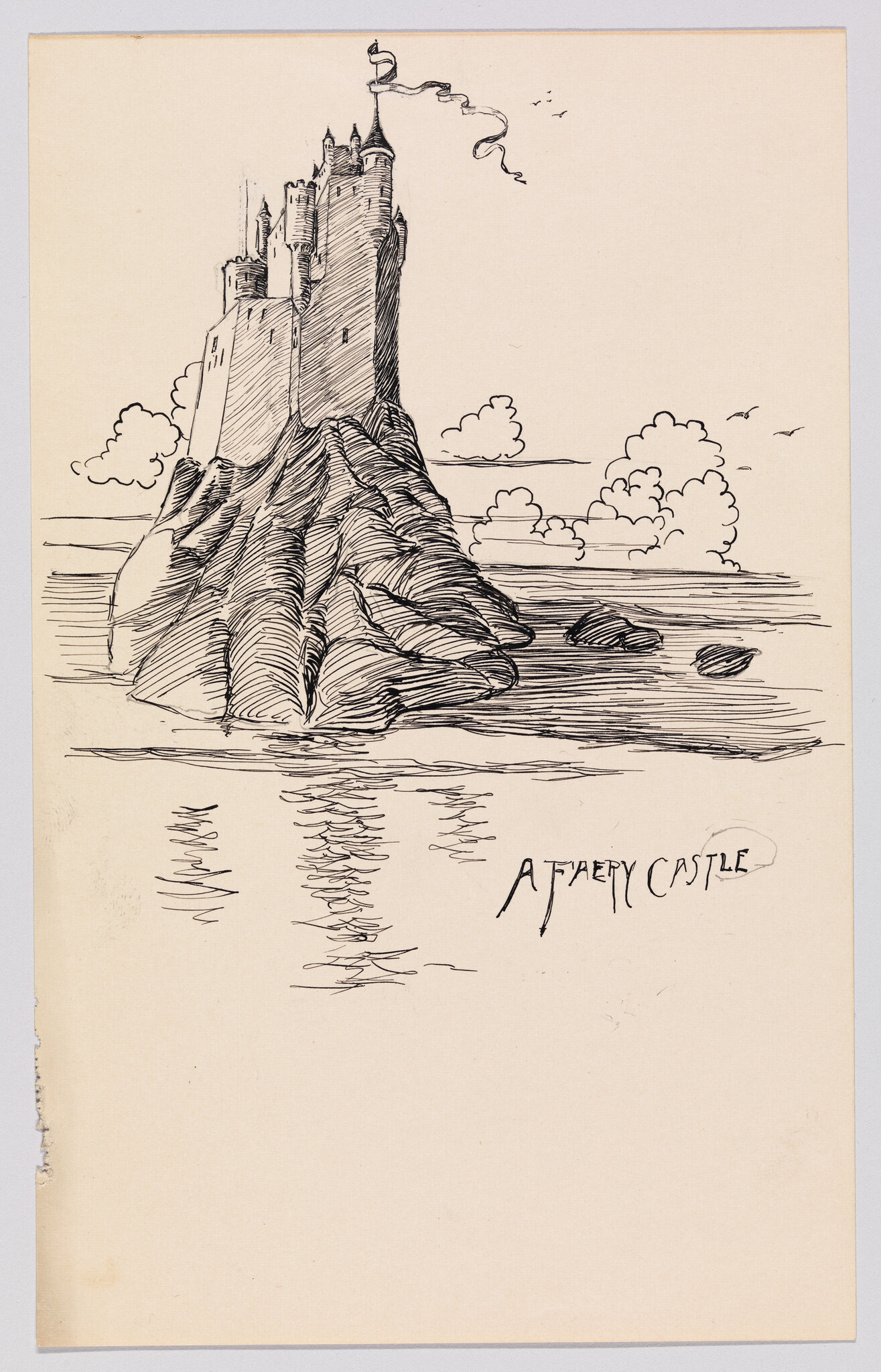 A tall castle sits atop a rocky sea stack with a waving flag and reflected water.