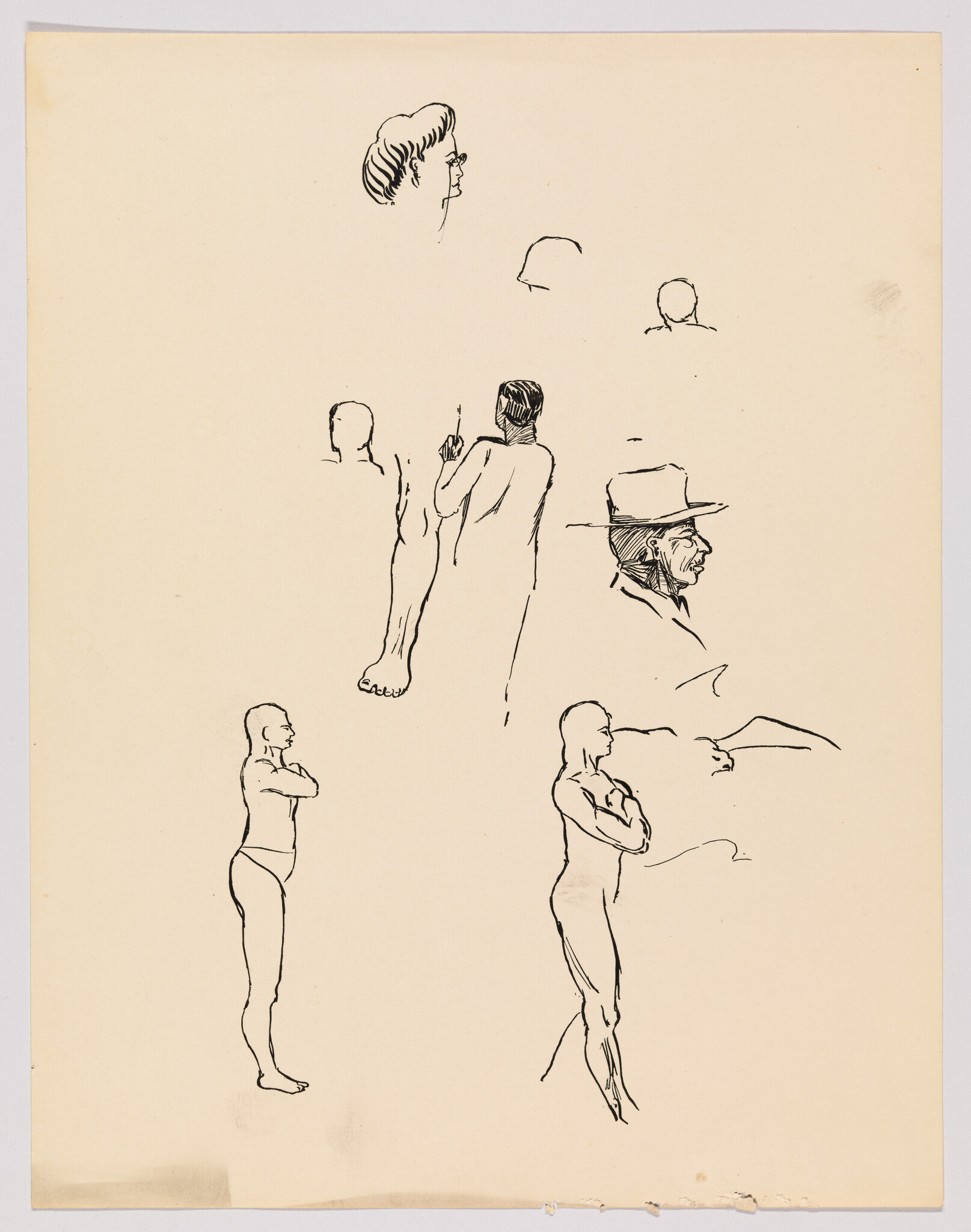 Several quick ink sketches showing standing nude figures, profile heads, and a man wearing a hat.
