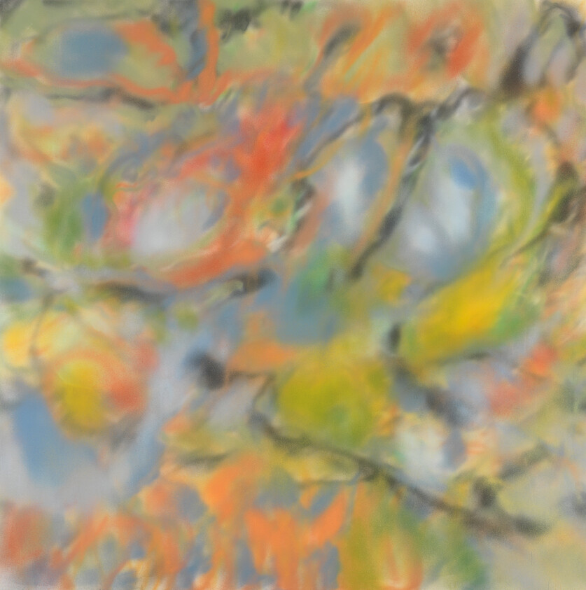 Soft blurred abstract painting with swirling orange, blue, green, and yellow shapes across the canvas.