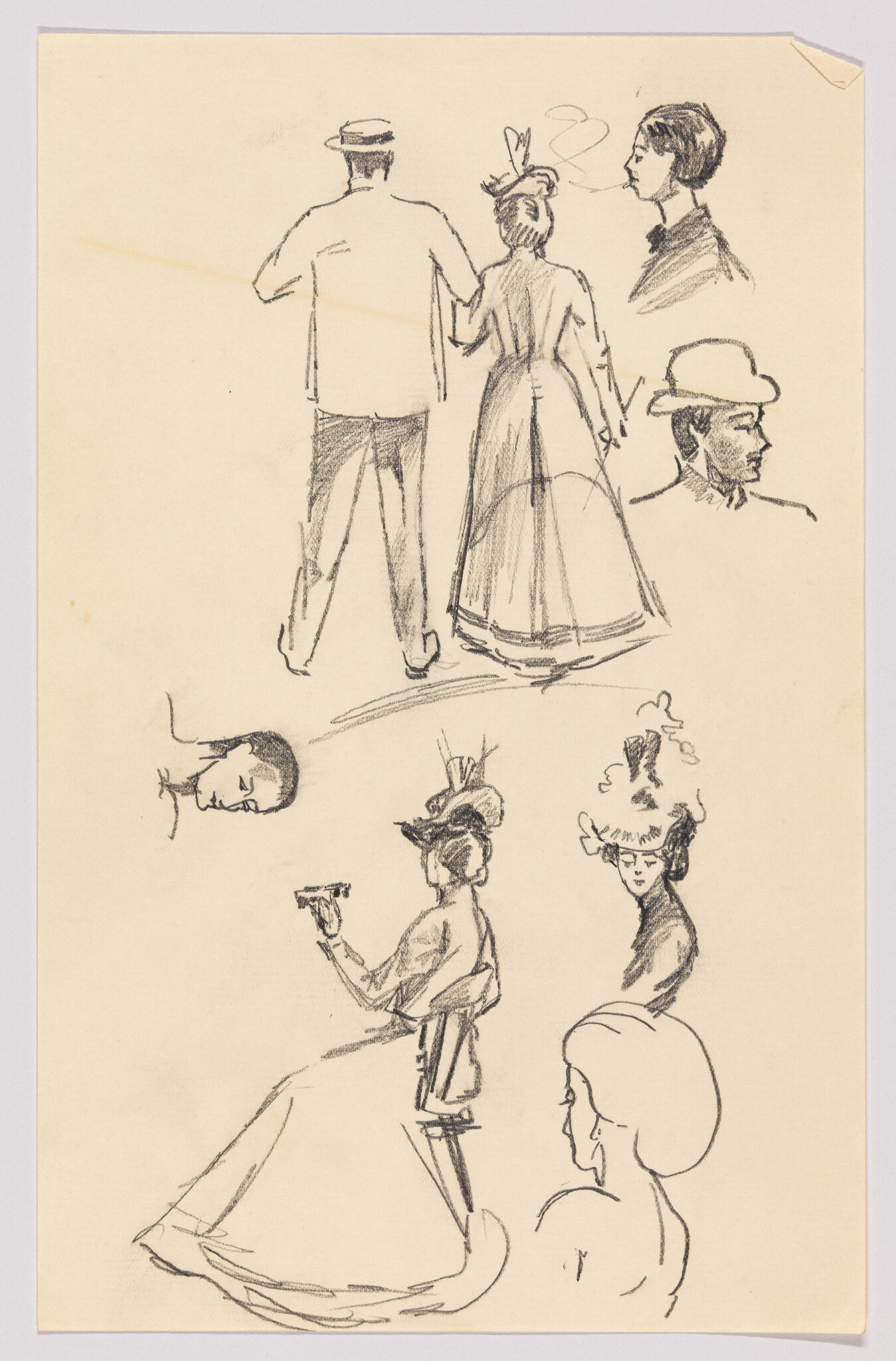 Several quick pencil sketches showing men and women in period clothing and hats.