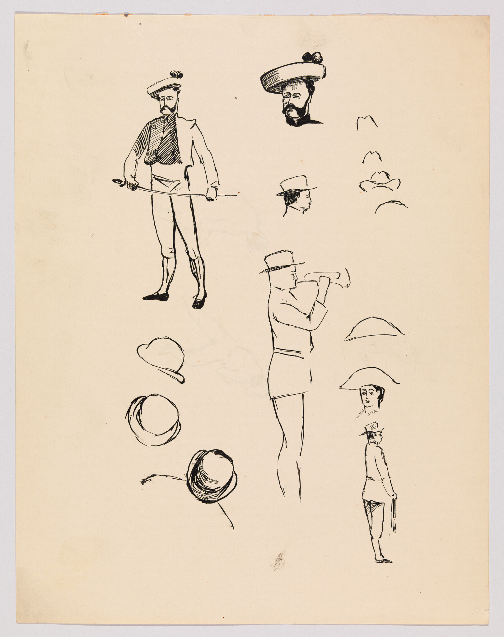 Multiple ink sketches of men wearing hats, including a standing man with a cane and a man blowing a trumpet.