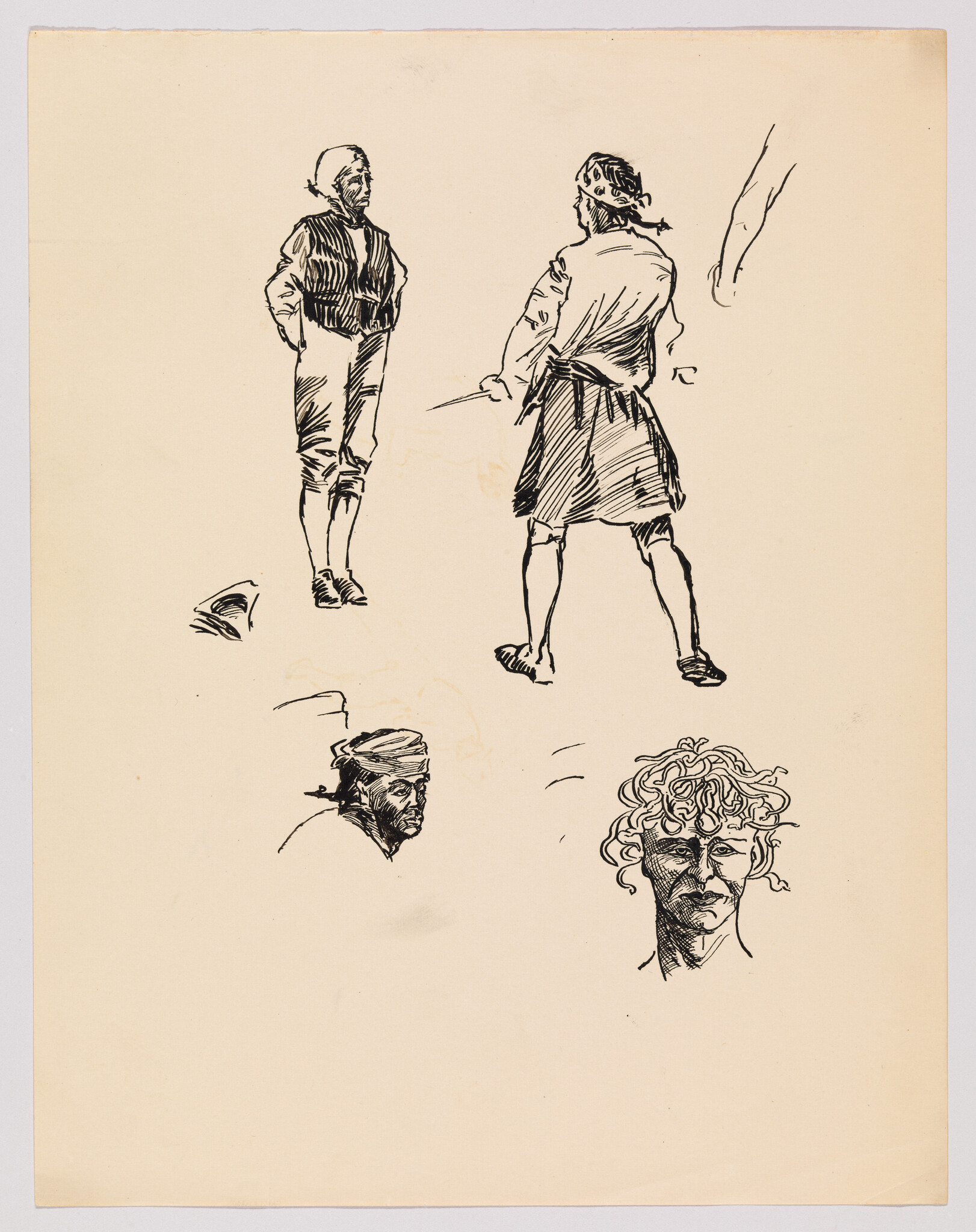 Two standing men, one holding a sword, with three separate head sketches around them.