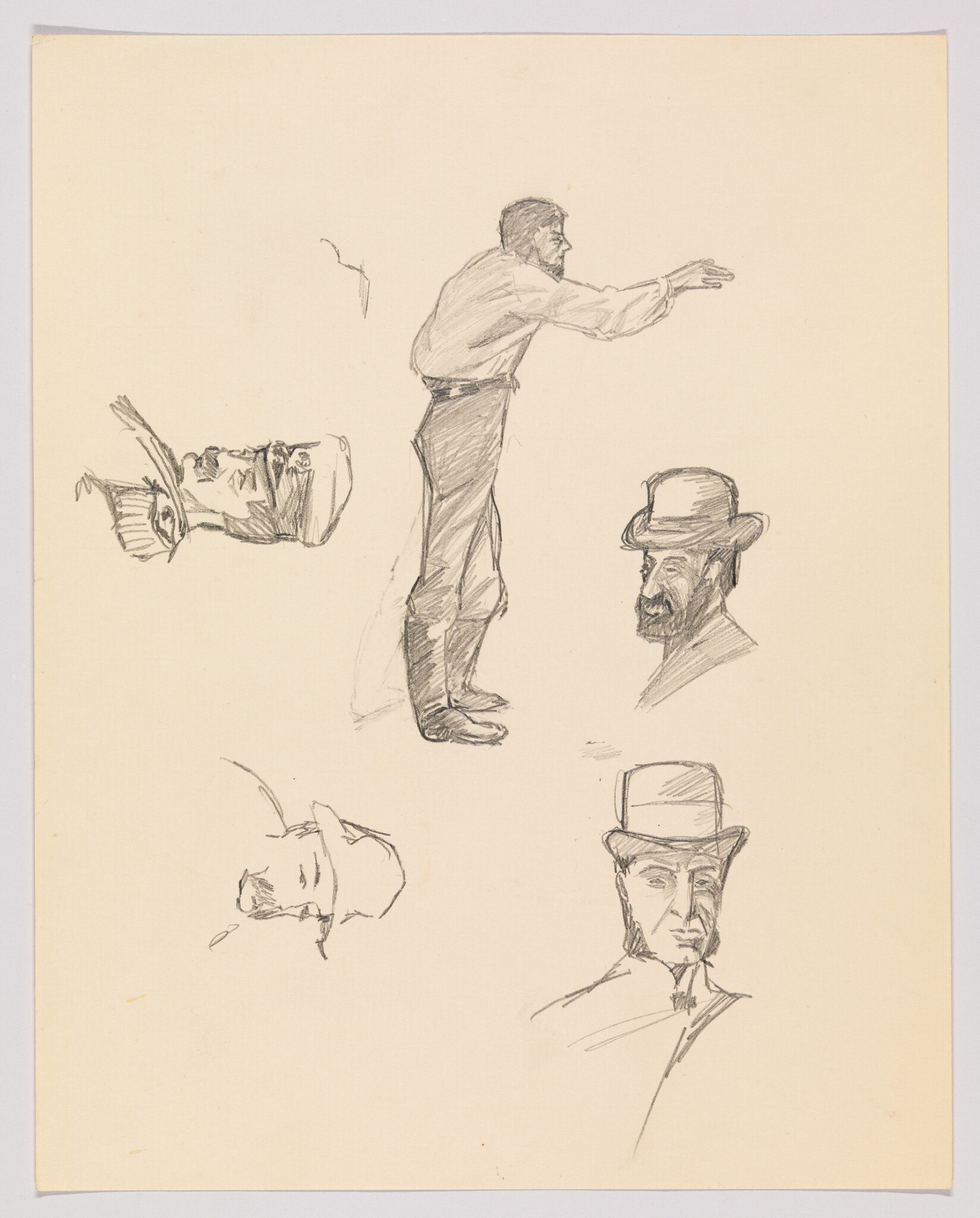 A page of pencil sketches showing a standing man reaching forward and several hat-wearing head studies.