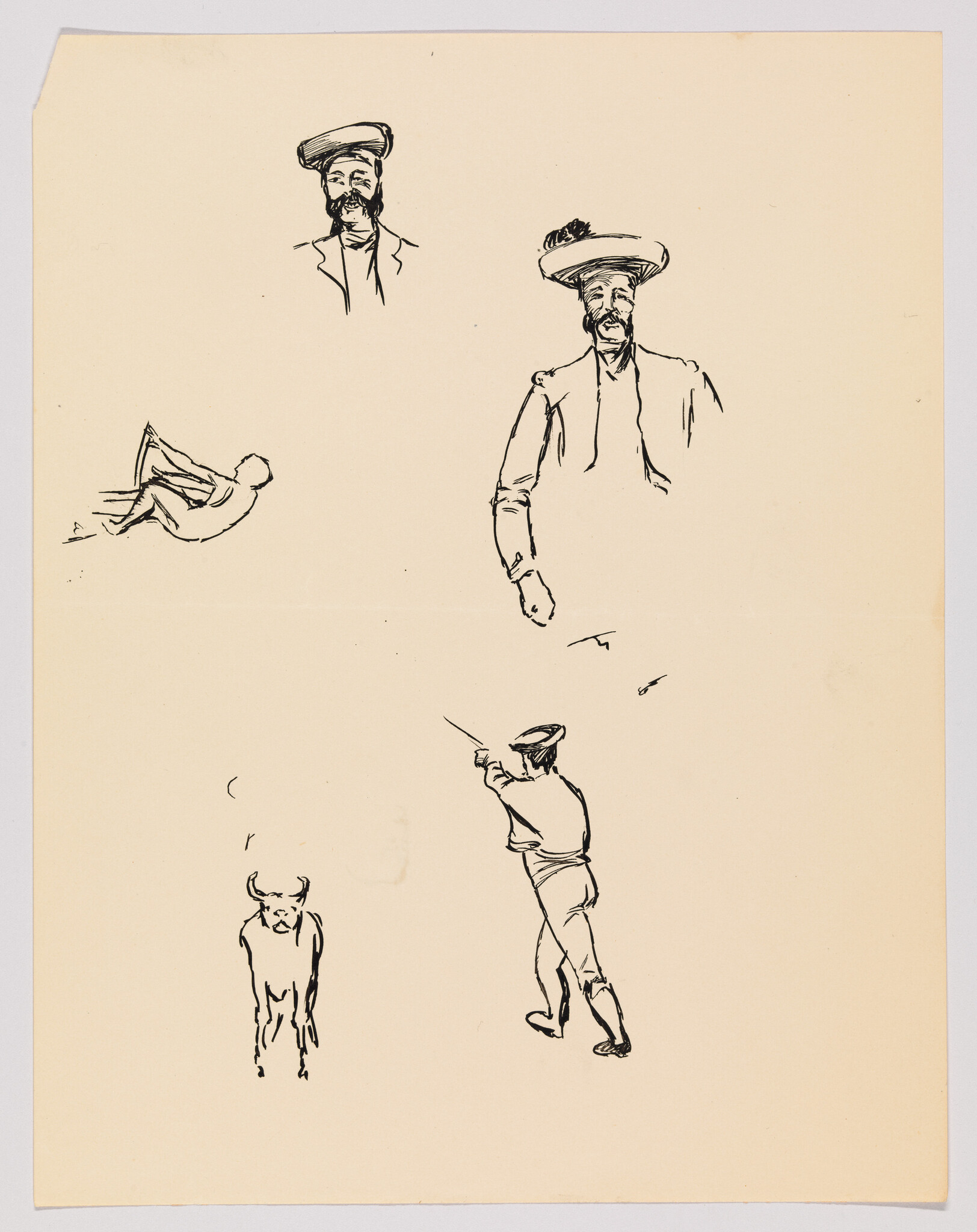 Loose ink sketches showing men in hats, a standing bull, and a man aiming a gun.