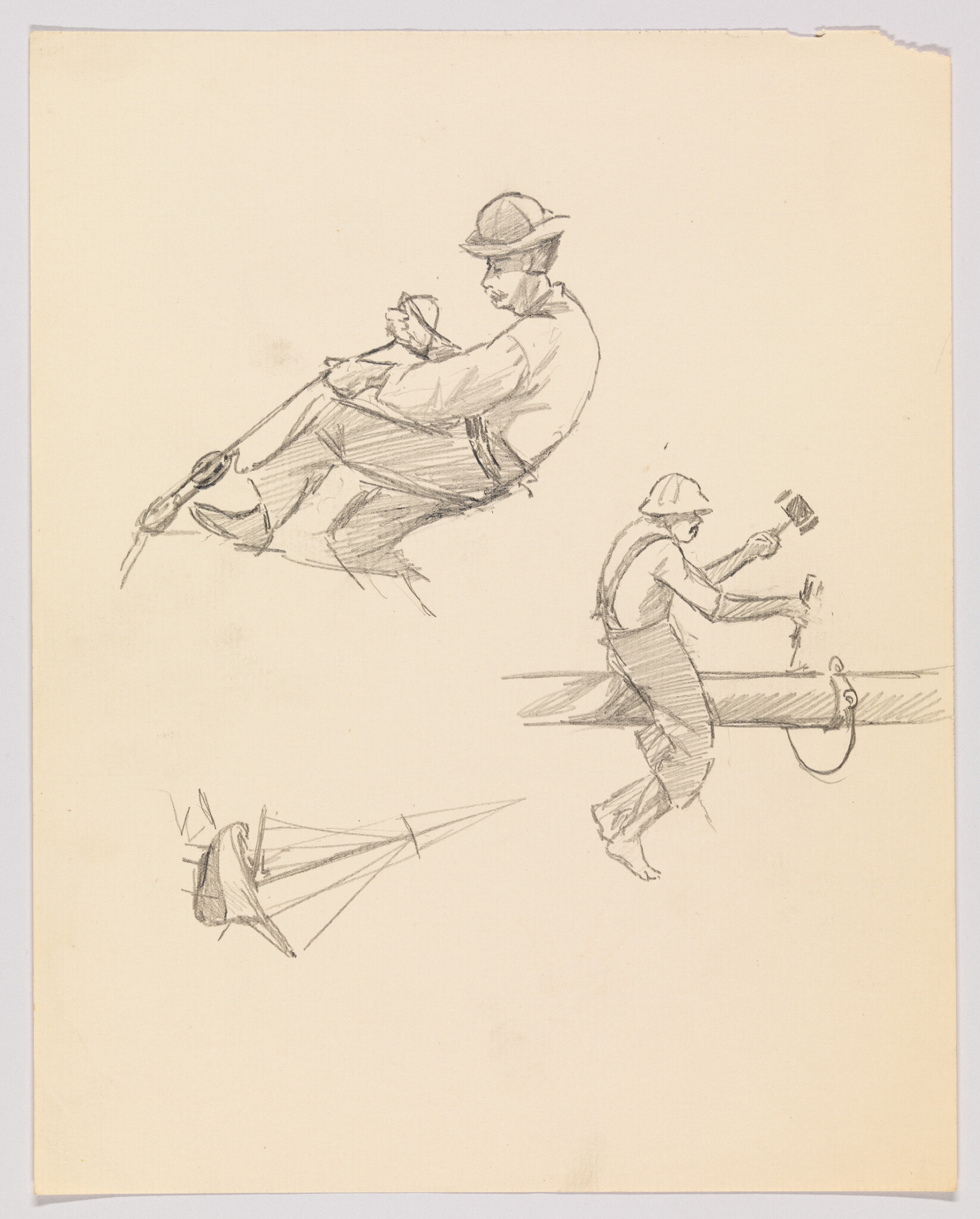 Two construction workers sketched on a beam, one seated with rope and one hammering.
