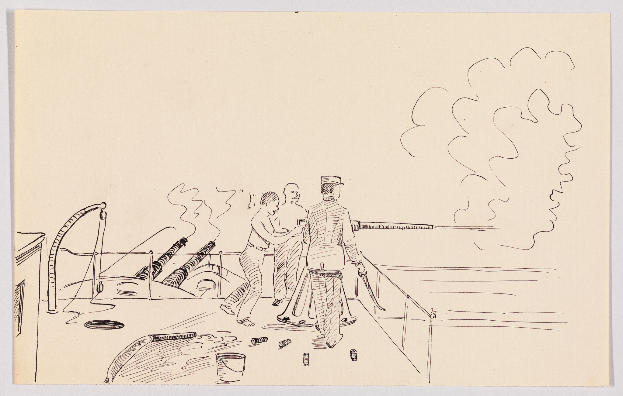Three sailors operate a deck gun while spent shells scatter and smoke rises over the water.
