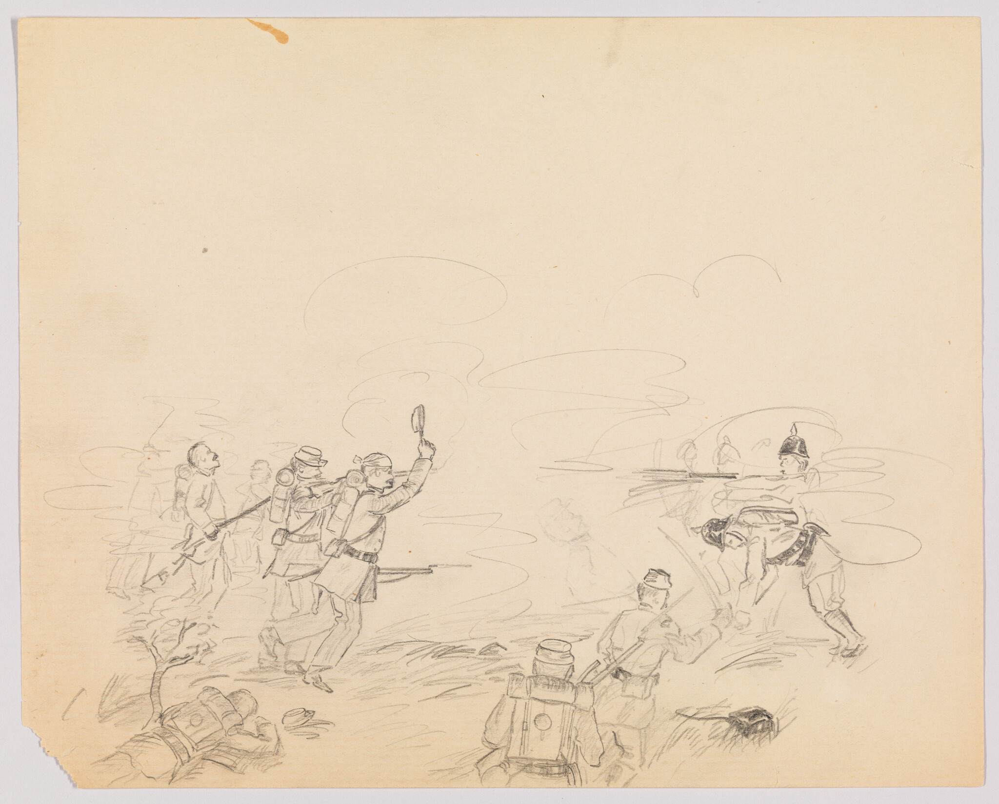 Soldiers advance through smoke with one man waving his hat while firing toward the enemy.